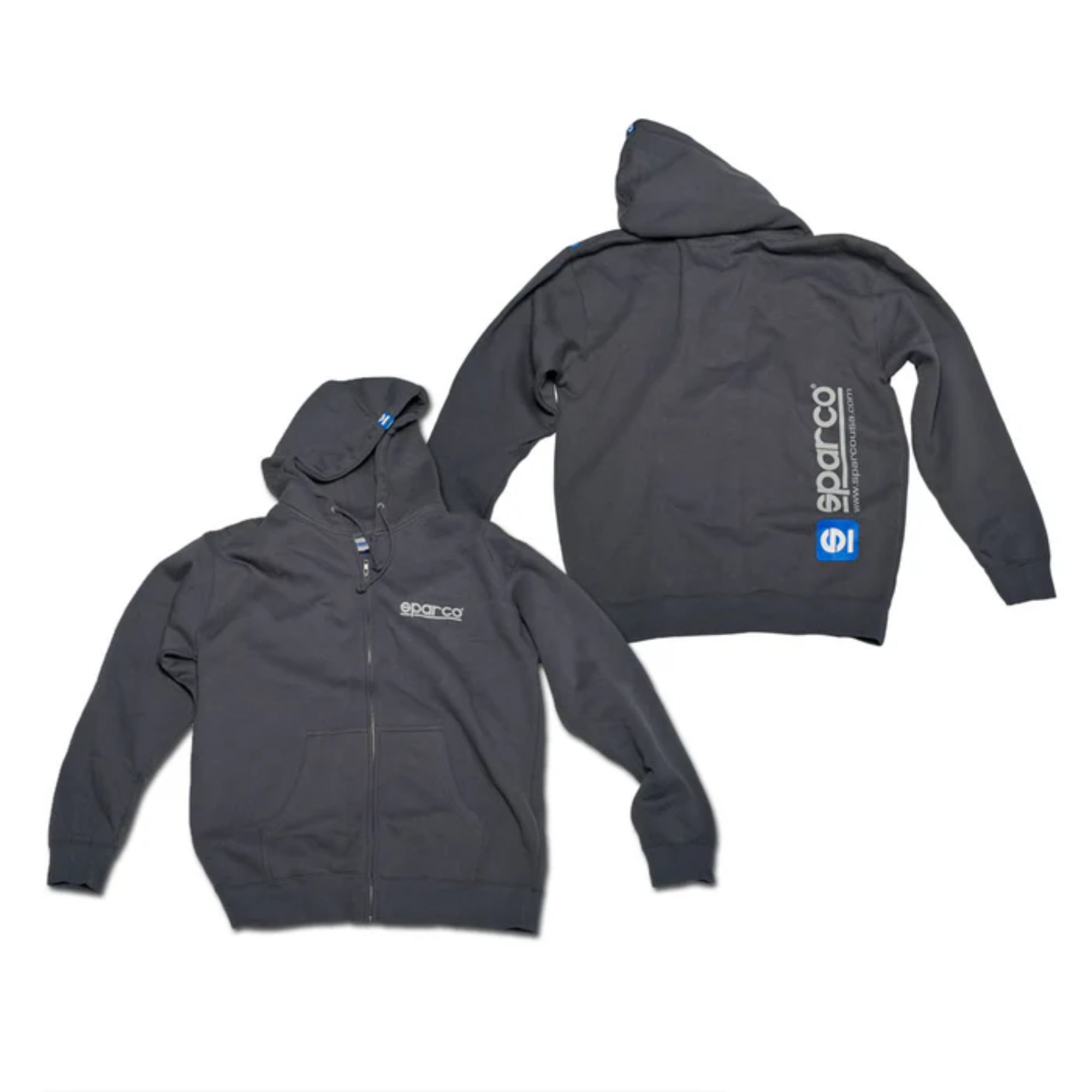 The front and back of the gray Sparco Zip-Up Hooded Sweatshirt from Sparco.