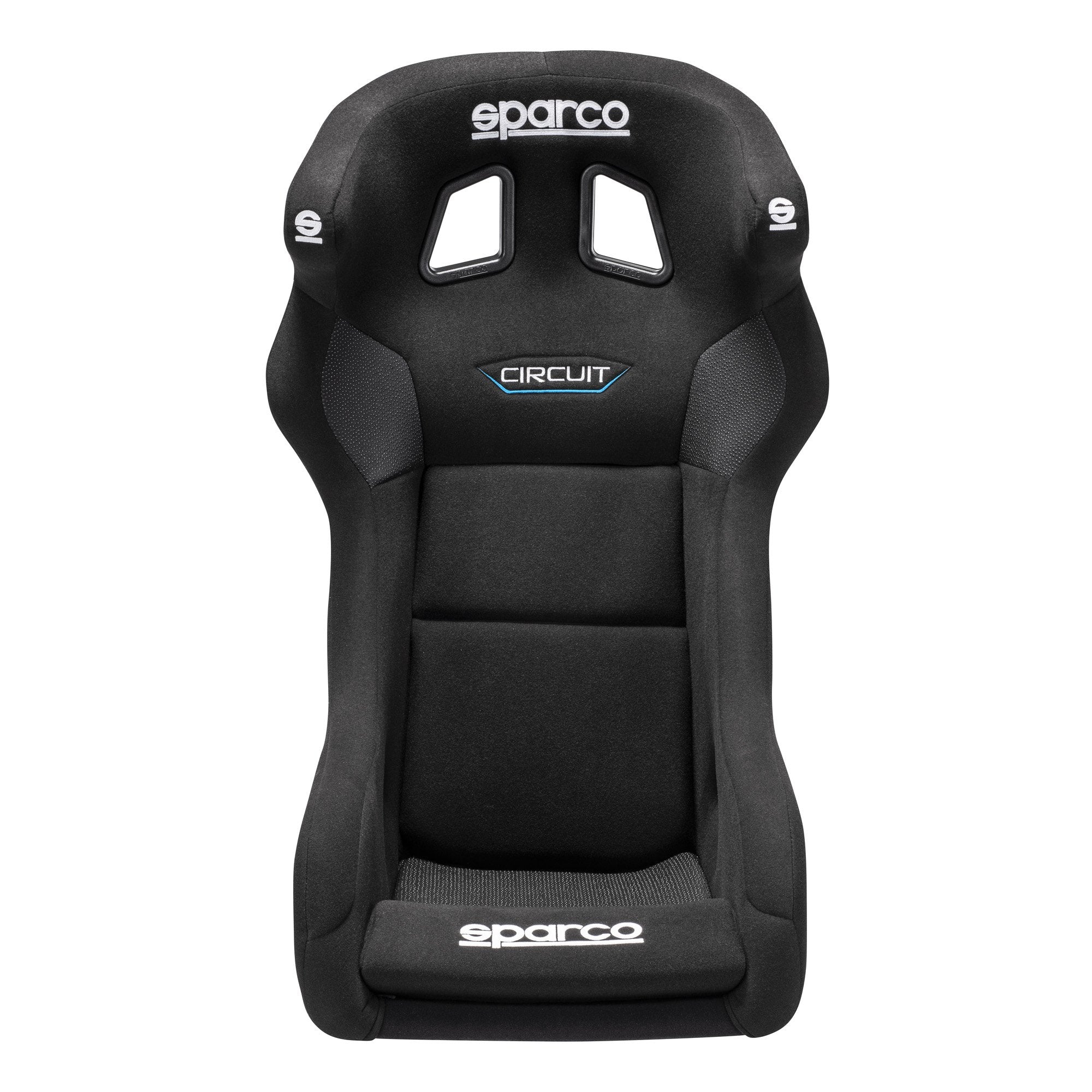 The front of the black Sparco Circuit QRT Fiberglass Racing Seat.