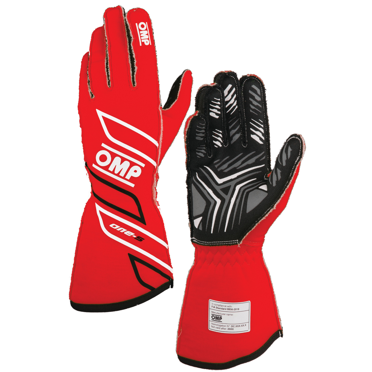 The FIA 8856-2018 homologated red OMP One-S Racing Gloves.