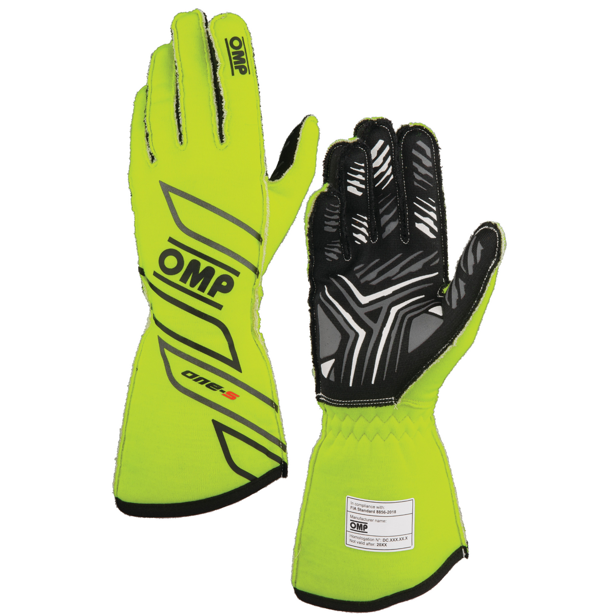 The FIA 8856-2018 homologated yellow OMP One-S Racing Gloves.