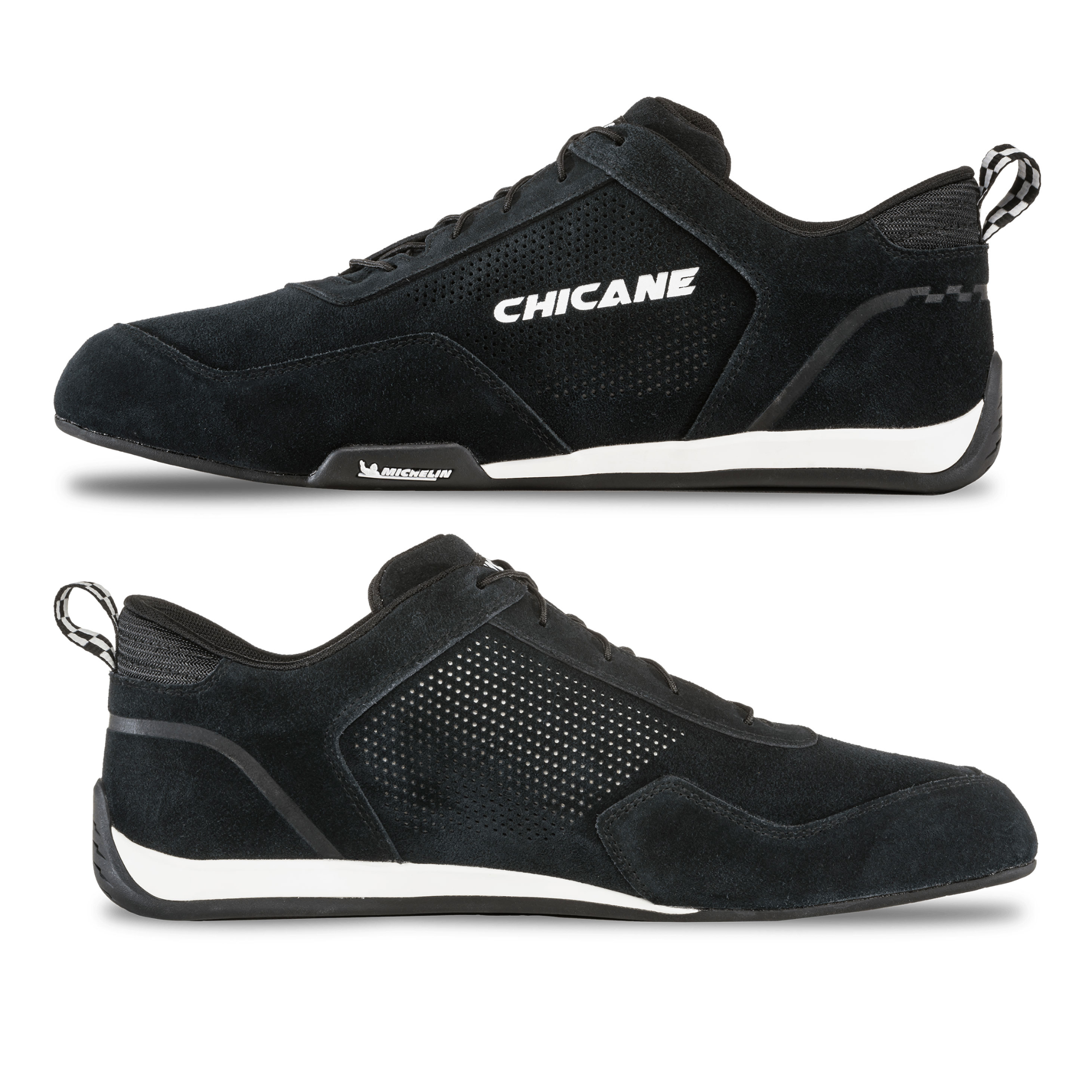 The black Chicane Speedster Shoes from Chicane Racing, now known as LVRY showing the left and right side.