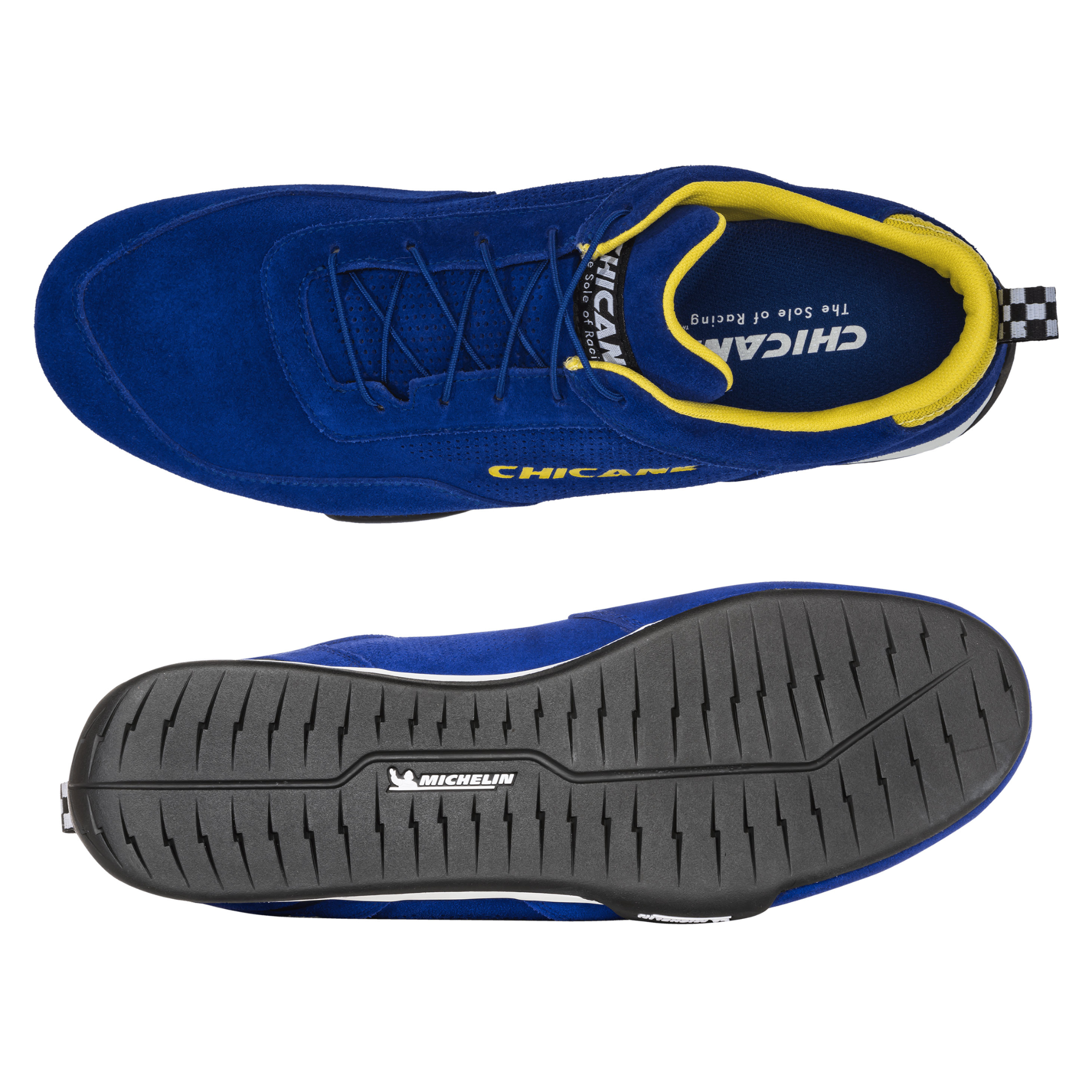 The blue Chicane Speedster Shoes from Chicane Racing, now known as LVRY showing the top and bottom.