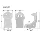 The dimensions of the black Sparco Circuit QRT Fiberglass Racing Seat.
