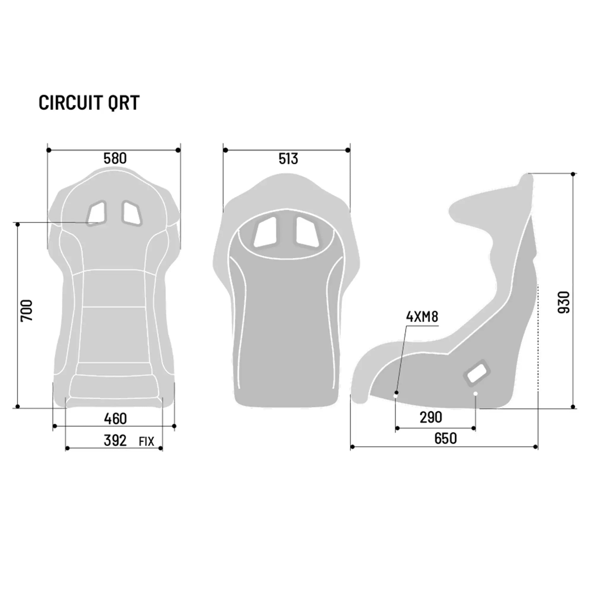 The dimensions of the black Sparco Circuit QRT Fiberglass Racing Seat.