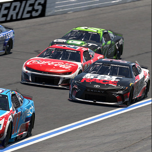 eNASCAR Coca Cola Cup iRacing Series race cars on a track with visible branding. Screenshot from a SIM Racing event.