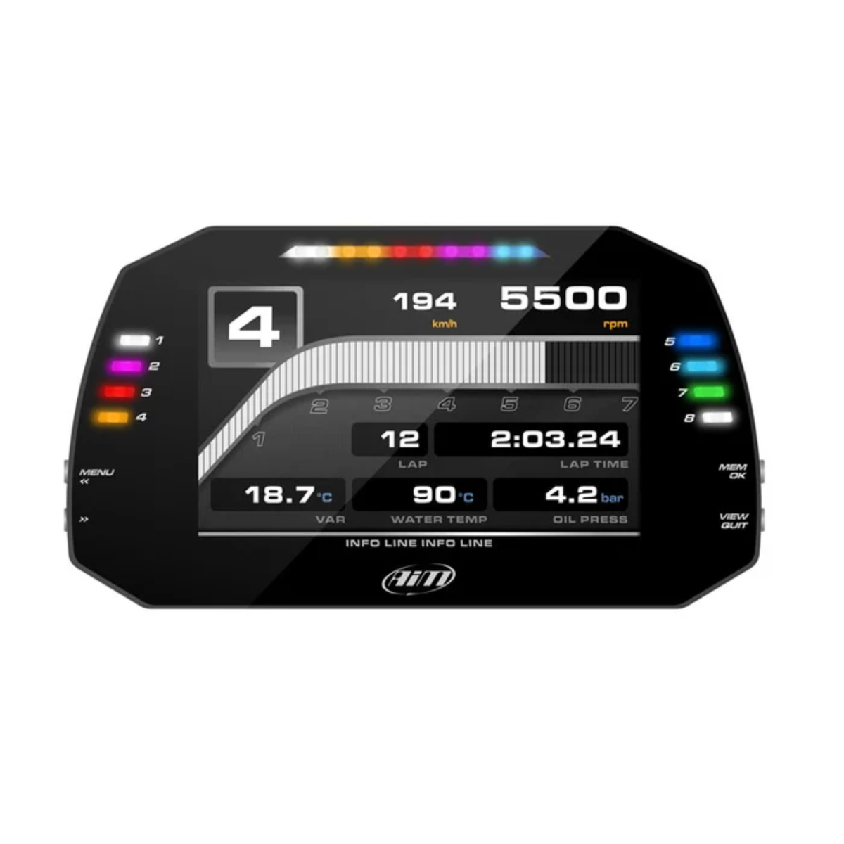 The AIM MXG 1.3 Dash Data Logger with a black display showing the gear, speed, rpm, lap count, lap time, water temp and oil pressure as well as shift lights.