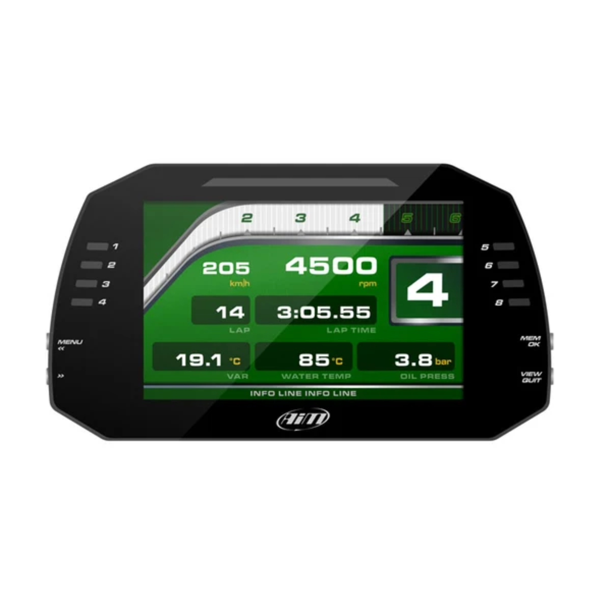 The AIM MXG 1.3 Dash Data Logger with a green racing display showing speed, rpm, gear, lap count, lap time, water temp and oil pressure.