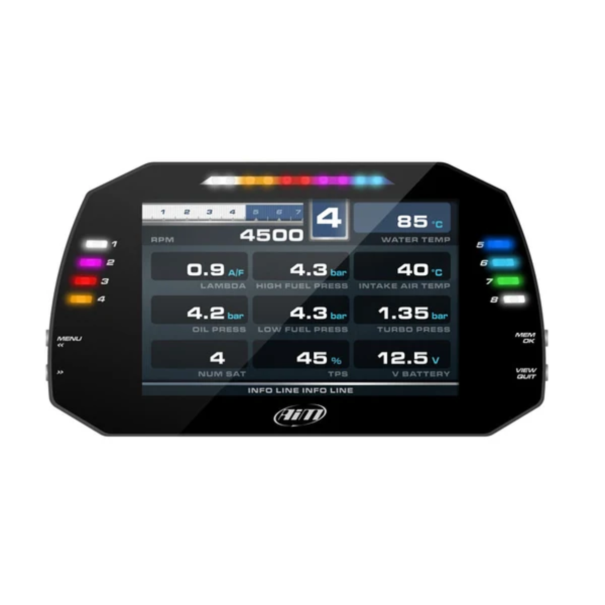 The AIM MXG 1.3 Dash Data Logger displaying motorsports information such as RPM, Gear, Water Temp, LAMBDA, High Fuel Pressure, Intake Air Temp, Oil pressure, Low Fuel Pressure, Turbo Pressure, Num Sat, TPS and Battery Voltage.