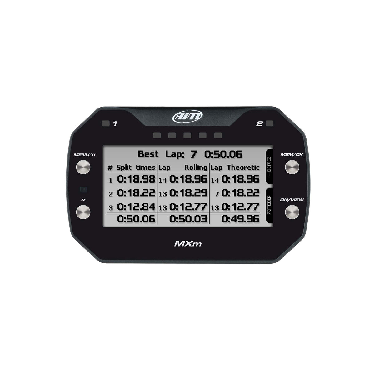 The AIM MXm Compact Dash Data Logger showing lap data.