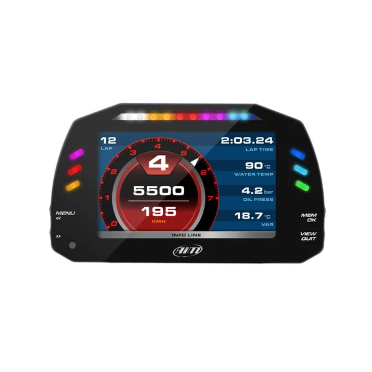 The AIM MXS 1.3 Dash Data Logger with a blue and red display showing motorsports data such as lap time, lap count, speed and rpm.