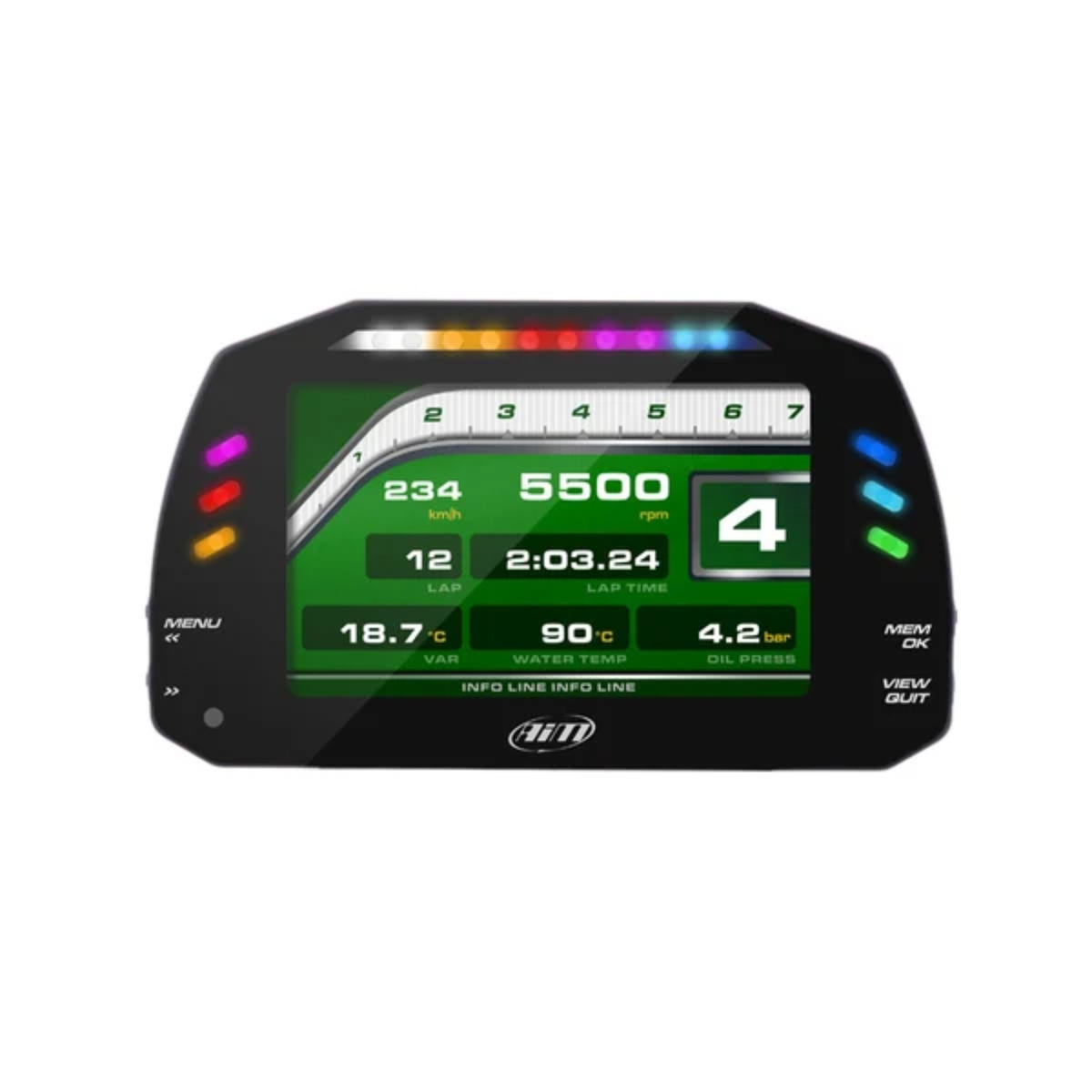 The AIM MXS 1.3 Dash Data Logger using a green display to show essential car data such as gear, rpm and speed.