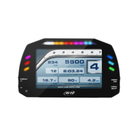 The AIM MXS 1.3 Dash Data Logger with a teal data display showing speed, RPM, gear, lap count, lap time, water temp and oil pressure.