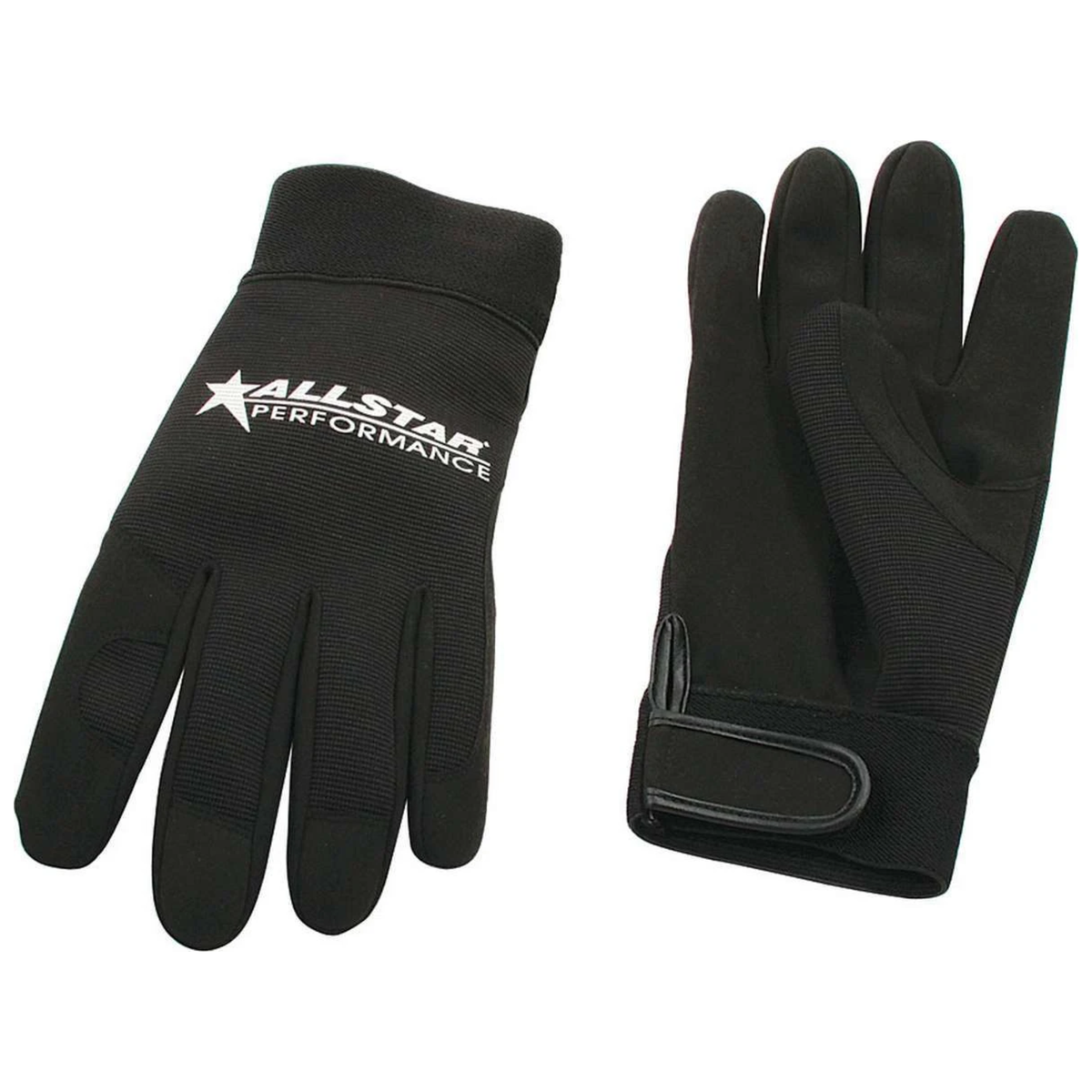 The black Allstar Performance Crew Gloves for general mechanic work featuring the white Allstar Performance logo on the back.