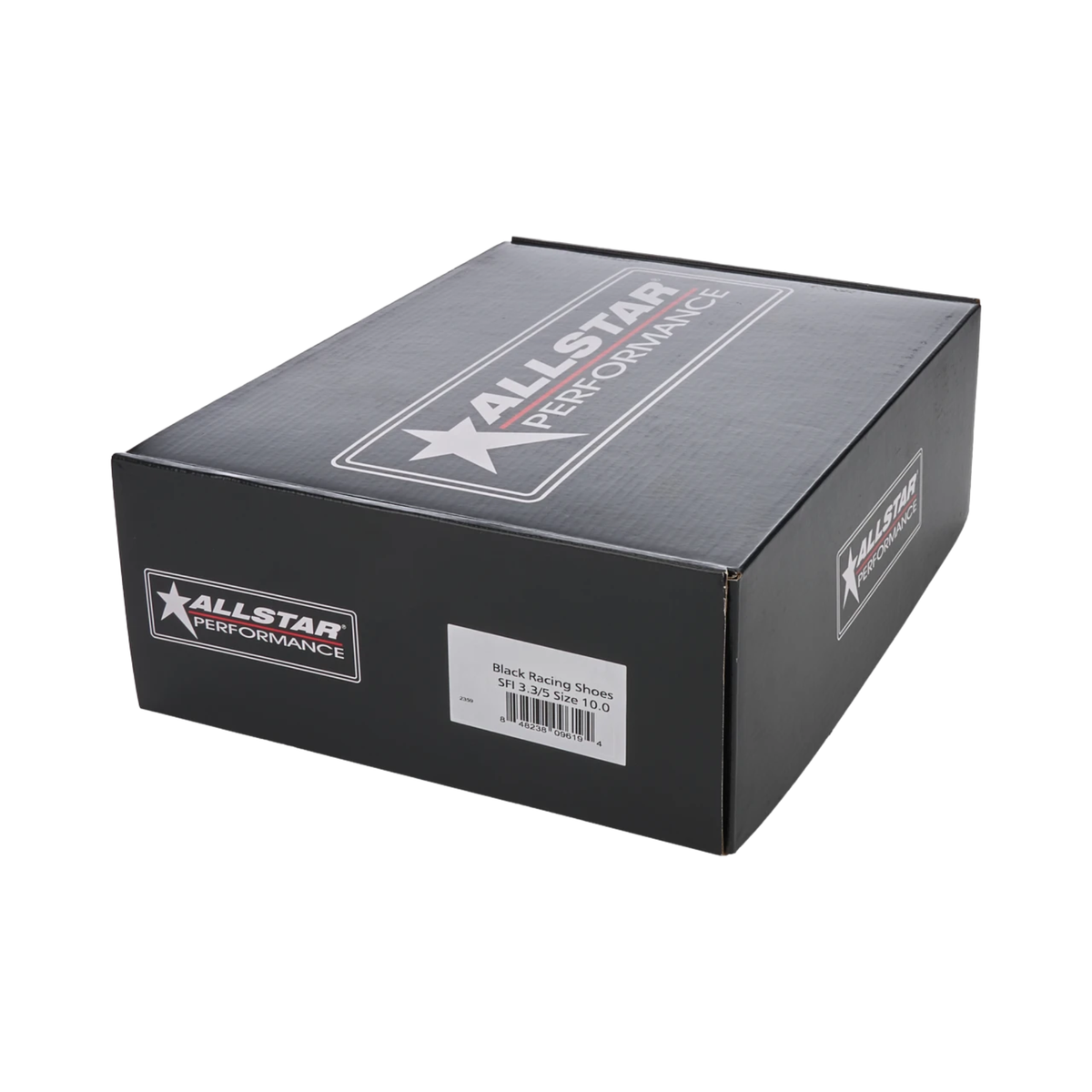 The box for the black SFI 3.3/5 rated Allstar Performance Mid-Top Racing Shoes.