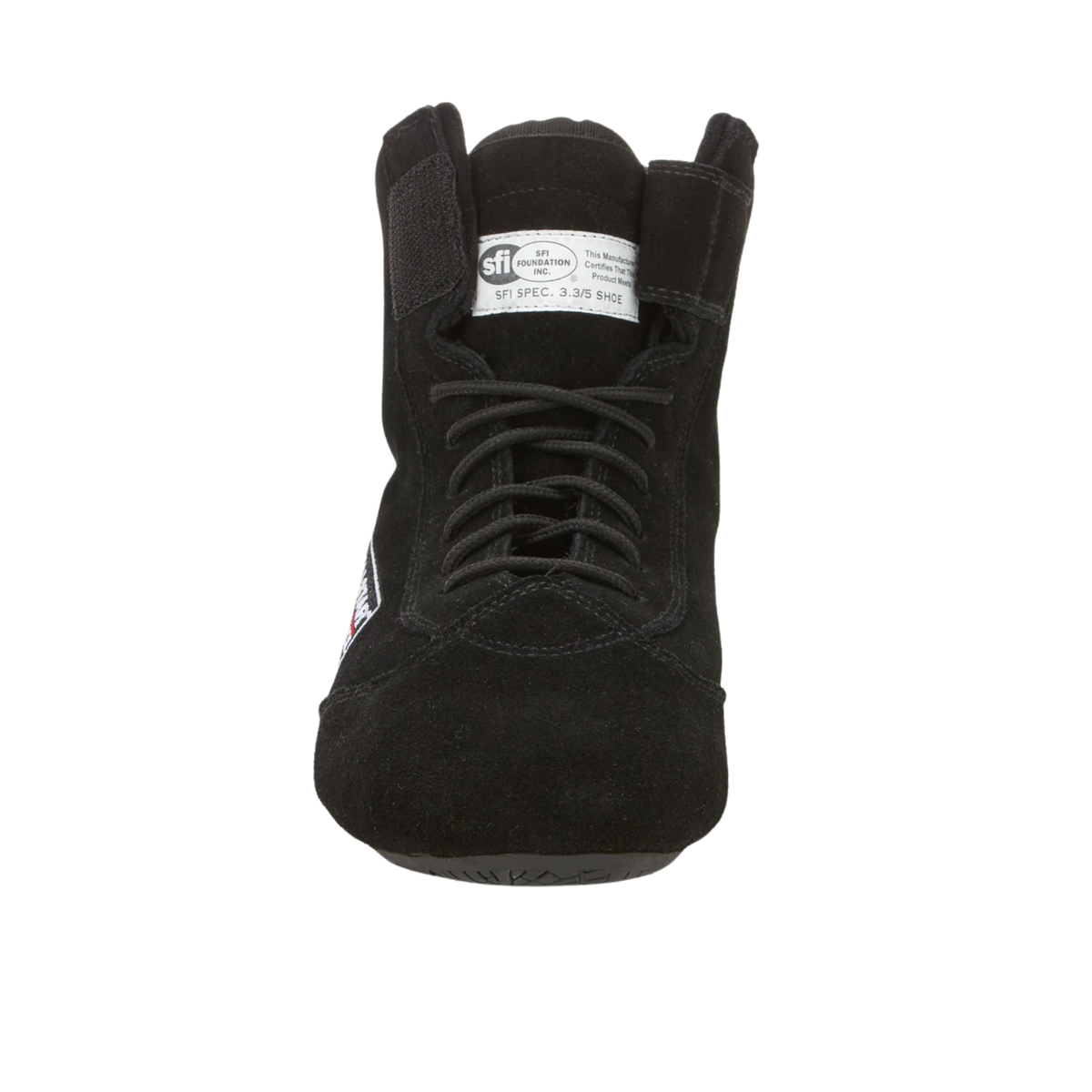 The front of the black SFI 3.3/5 rated Allstar Performance Mid-Top Racing Shoes.