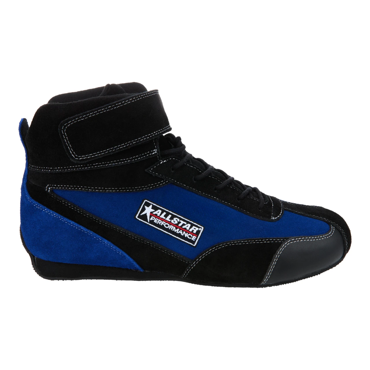 The black and blue SFI 3.3/5 rated Allstar Performance Pro-Series Mid-Top Racing Shoes.