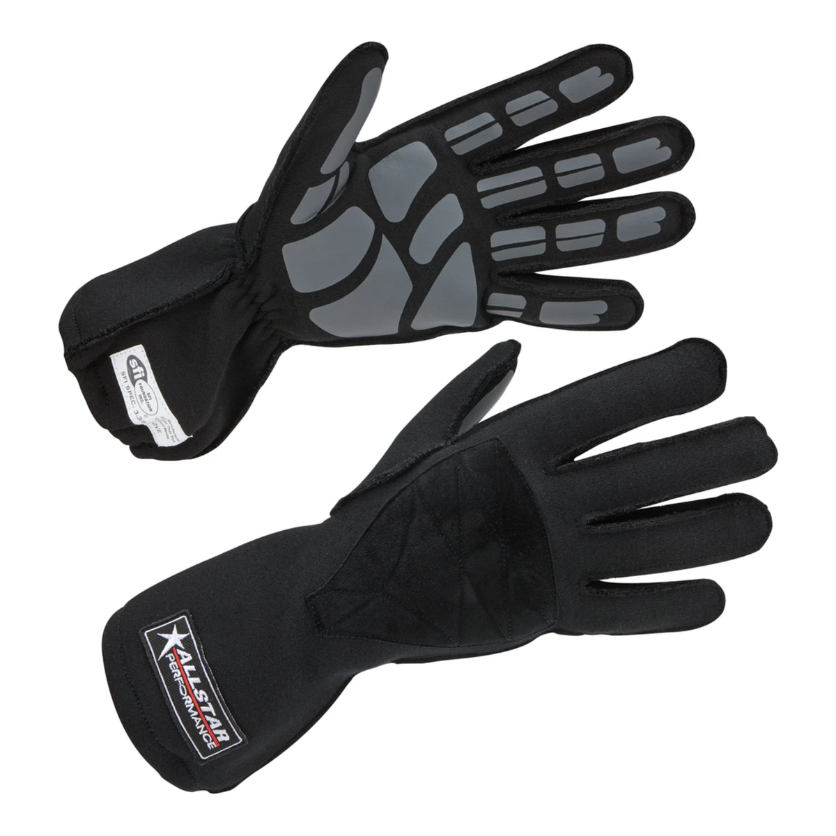 The black SFI 3.3/5 rated Allstar Performance Racing Gloves featuring a Double Layer construction and Outseam.