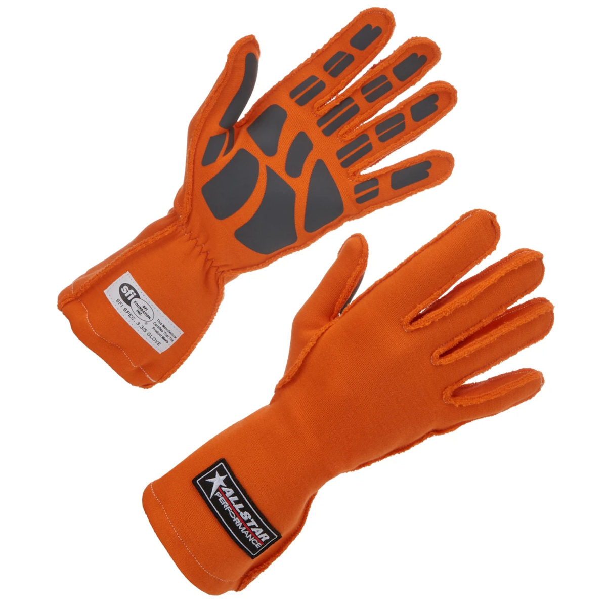 The orange SFI 3.3/5 rated Allstar Performance Racing Gloves featuring a Double Layer construction and Outseam.
