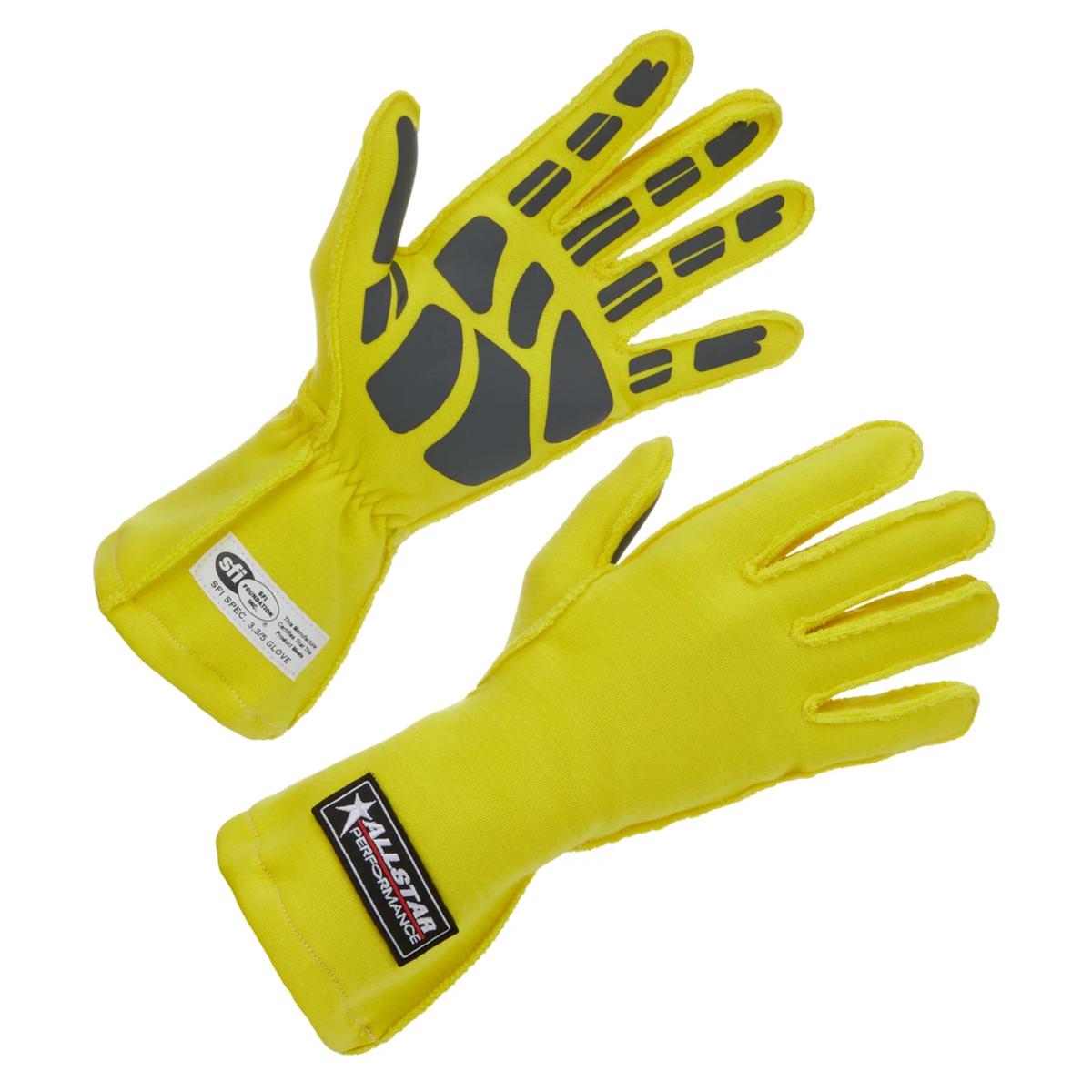 The yellow SFI 3.3/5 rated Allstar Performance Racing Gloves featuring a Double Layer construction and Outseam.