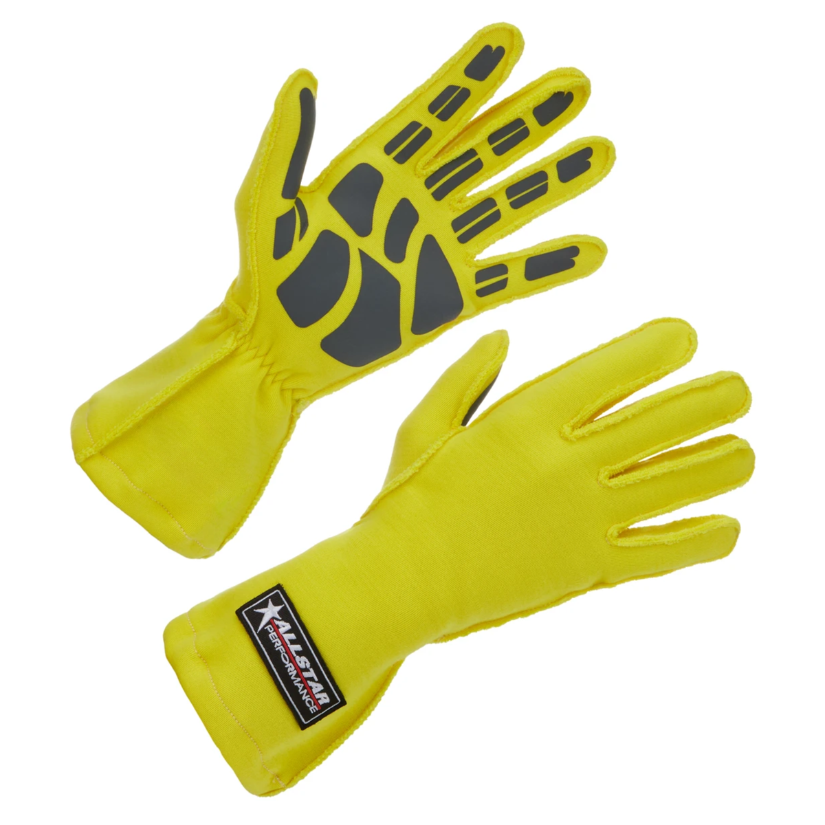 The yellow Allstar Performance Racing Gloves featuring a Single Layer construction and Outseam.