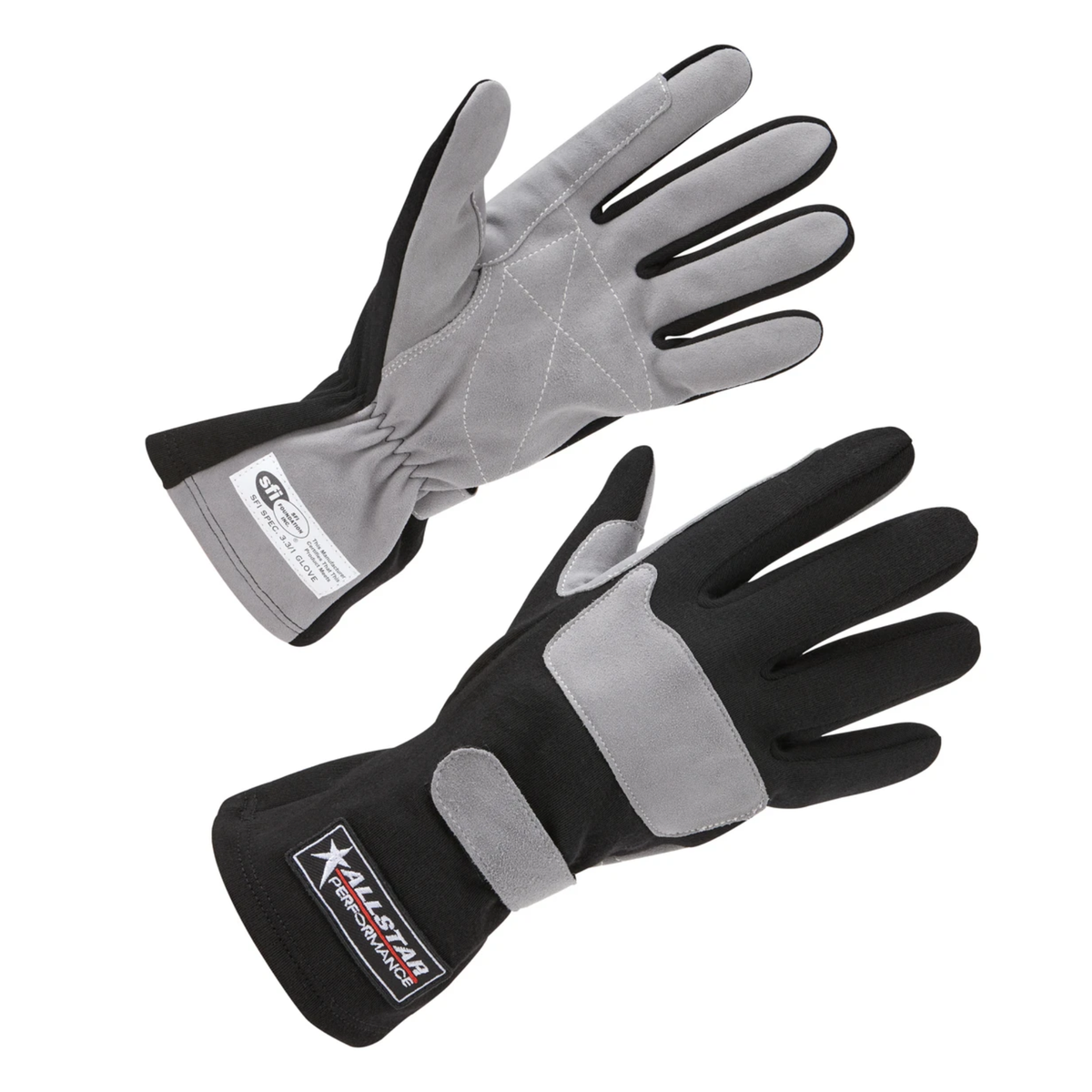 The black and grey SFI 3.3/1 rated Allstar Performance Racing Gloves, Single Layer.
