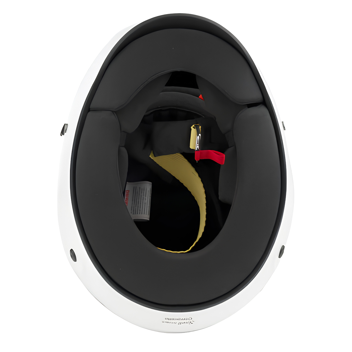 The bottom of the white SA2025 rated Allstar Performance Series 50 Mid-Air Racing Helmet.