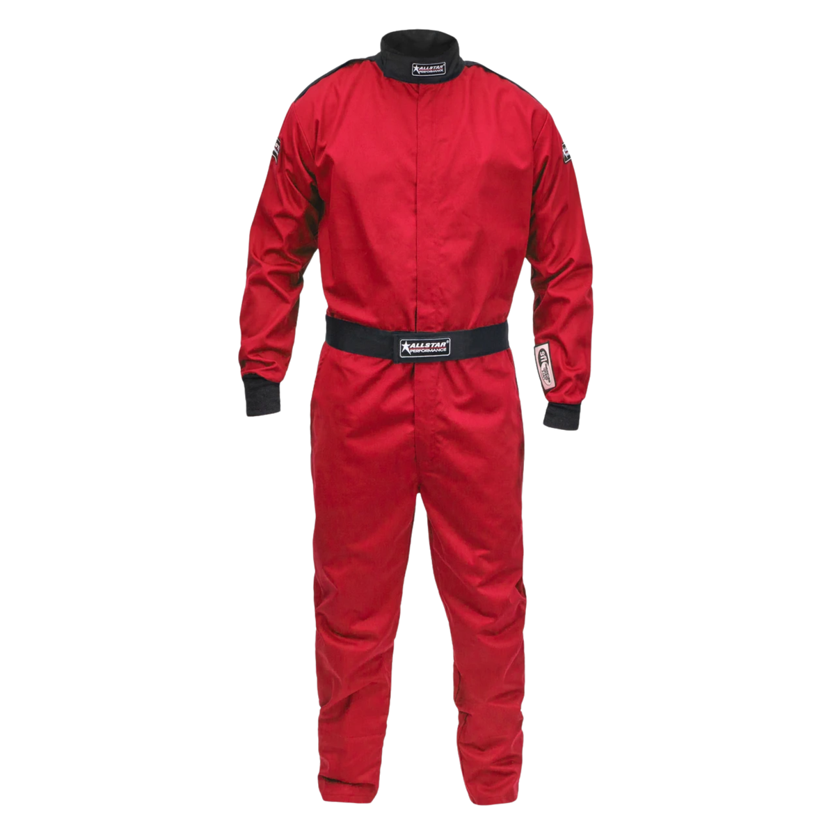 The red SFI 3.2A/1 rated Allstar Performance Single-Layer Racing Suits.