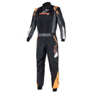The front of the black, anthracite and orange Alpinestars Atom Graphic Racing Suit.