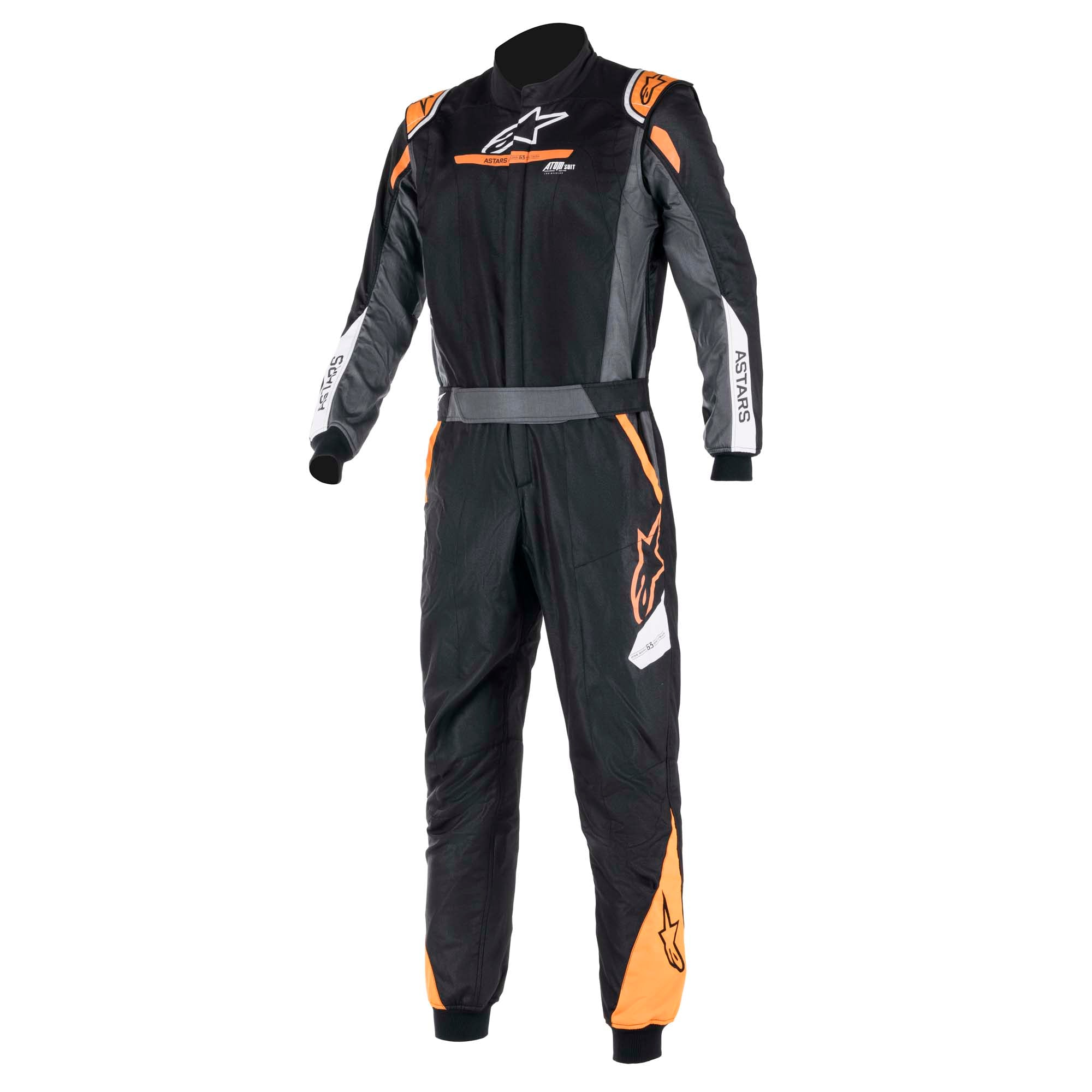 The front of the black, anthracite and orange Alpinestars Atom Graphic Racing Suit.