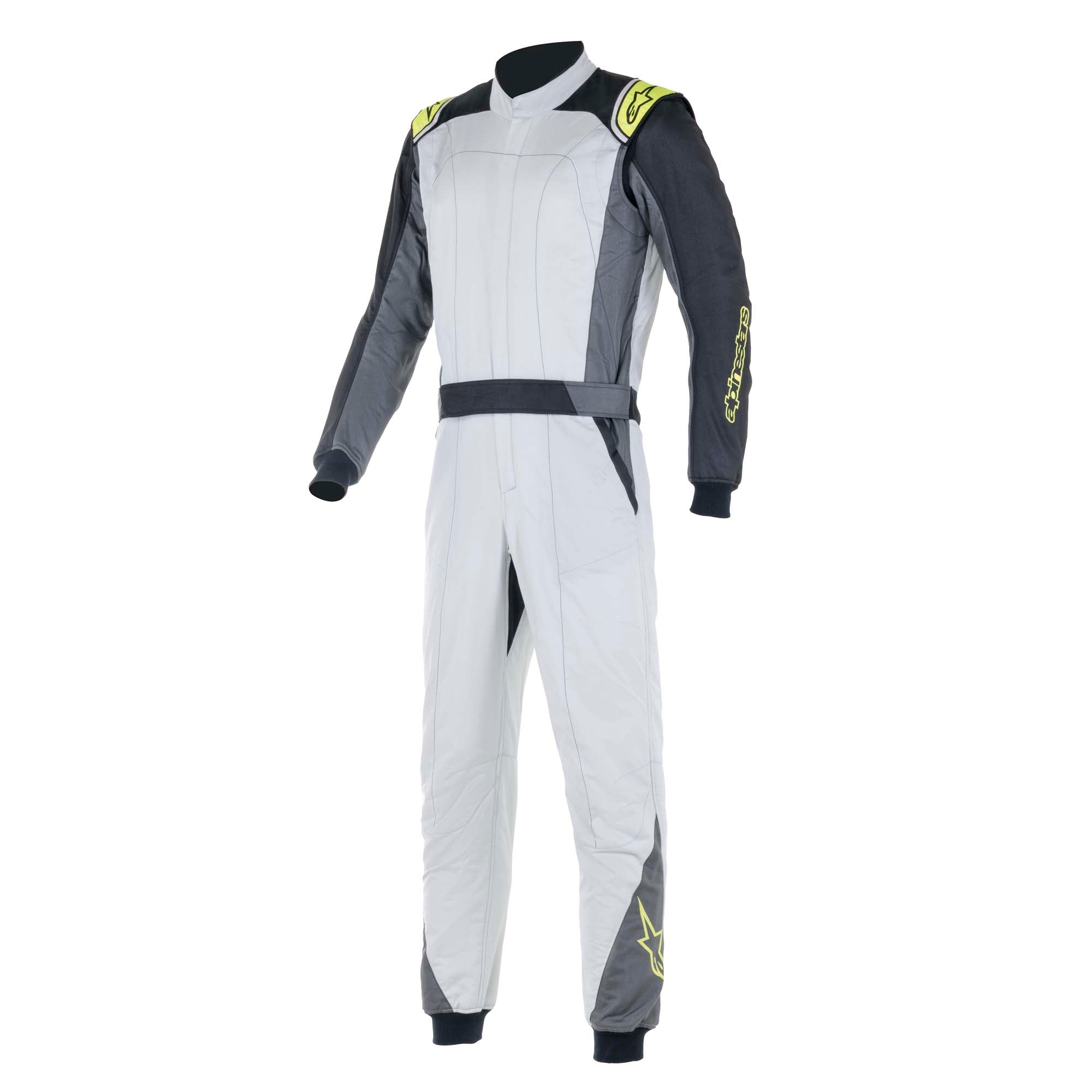 The silver, anthracite and yellow Alpinestars Atom Racing Suit.