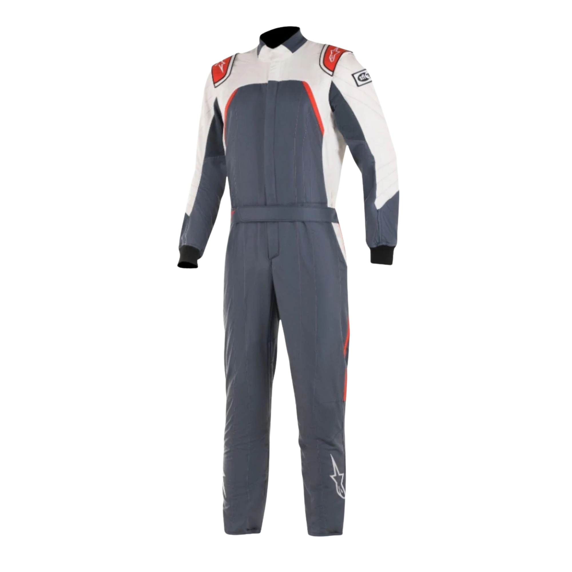 The front of the asphalt, white and red Alpinestars GP Pro Comp Boot Cut Racing Suit.