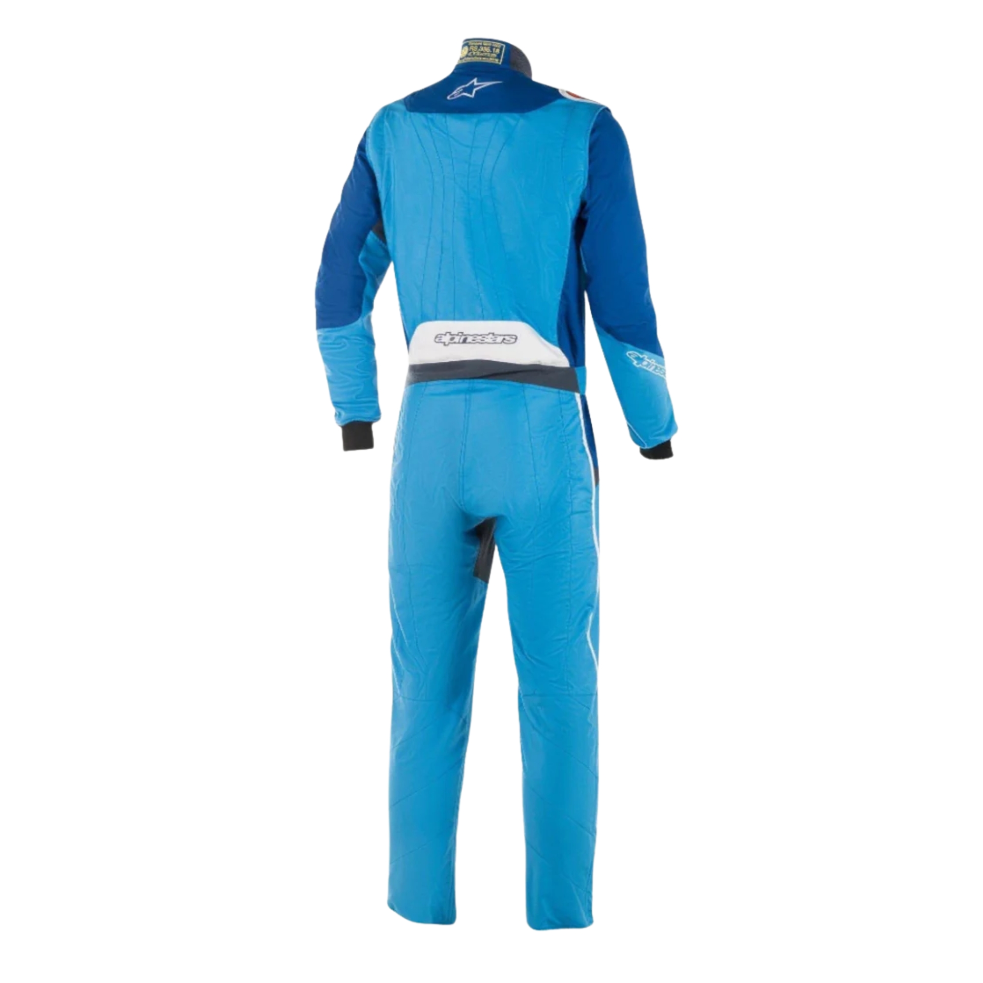 The back of the blue and red Alpinestars GP Pro Comp Boot Cut Racing Suit.