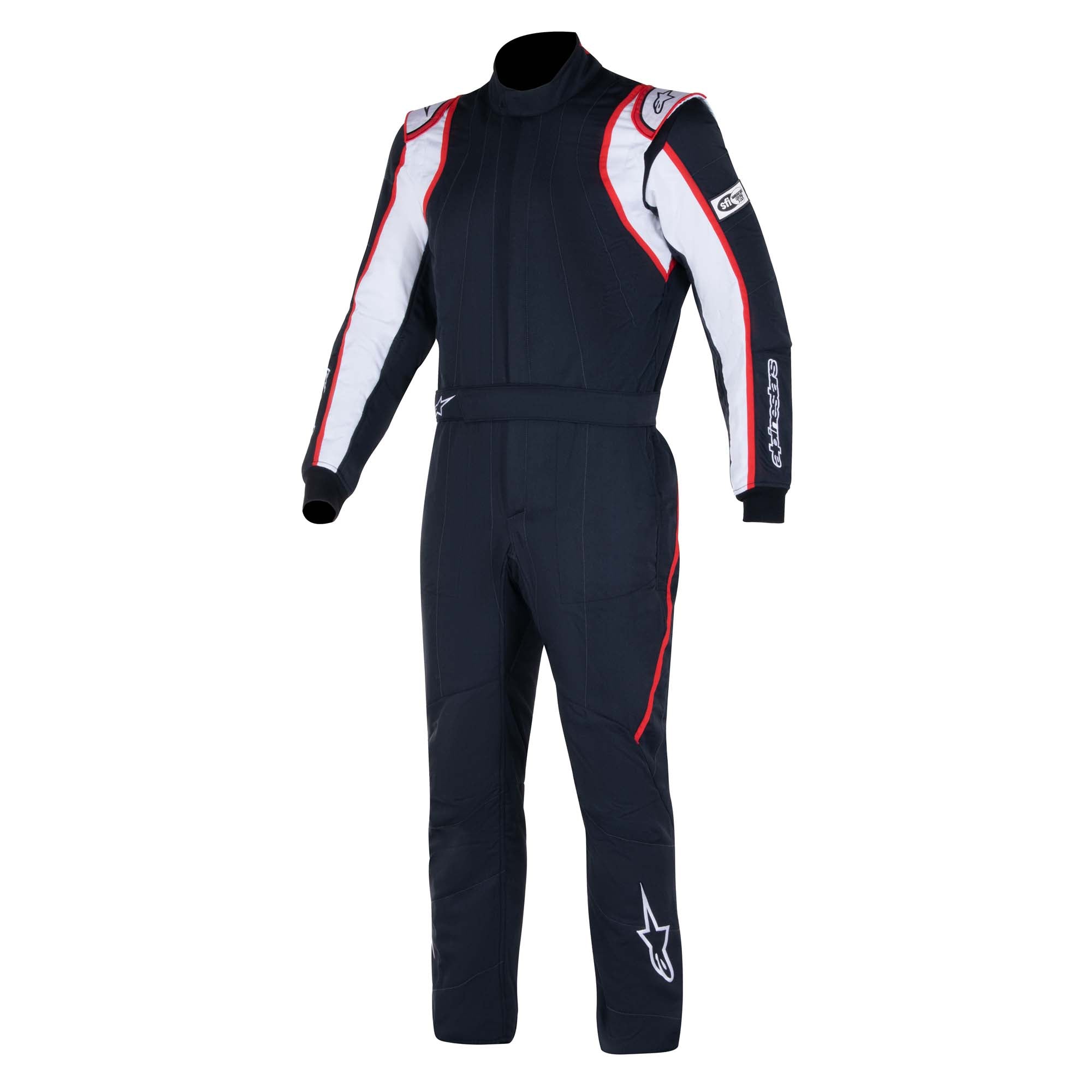 The black, white and red Alpinestars GP Race v2 Racing Suit (SFI 3.4) - Boot Cut. 