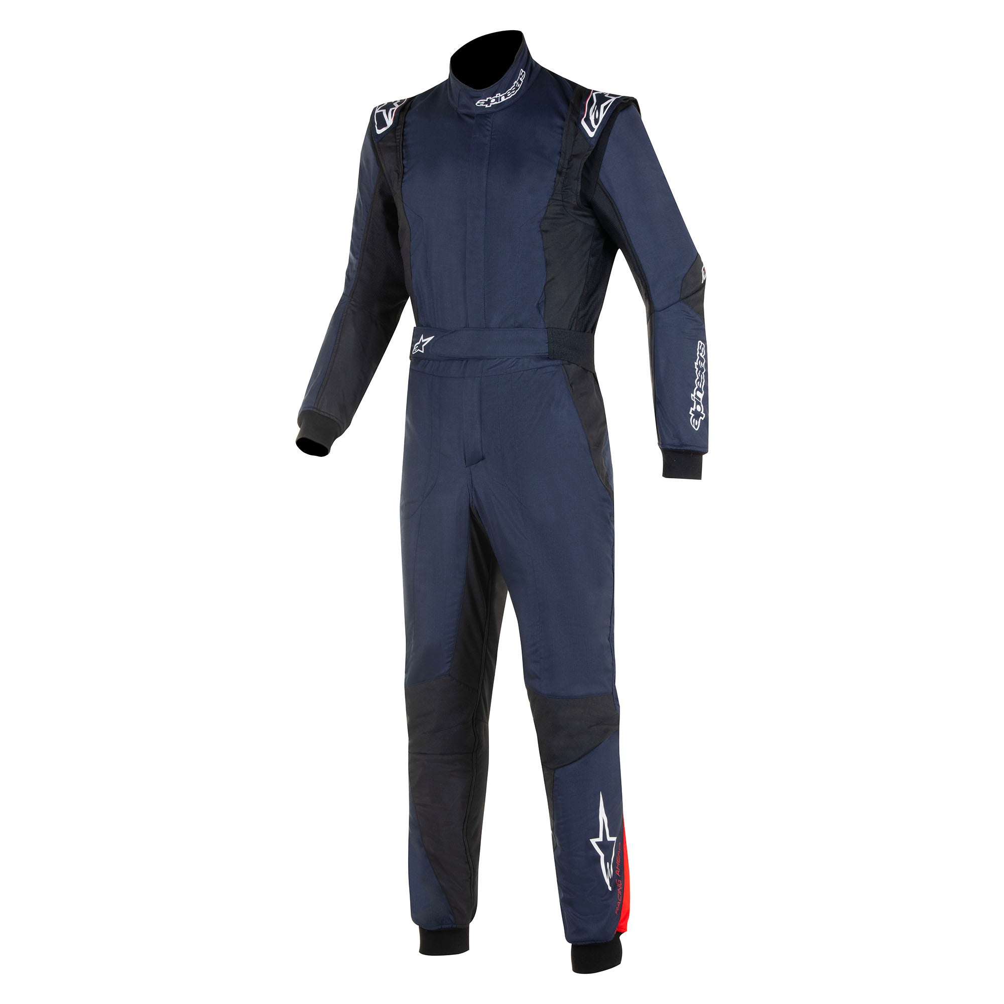 The front of the navy, black and red Alpinestars GP Tech v4 Racing Suit.