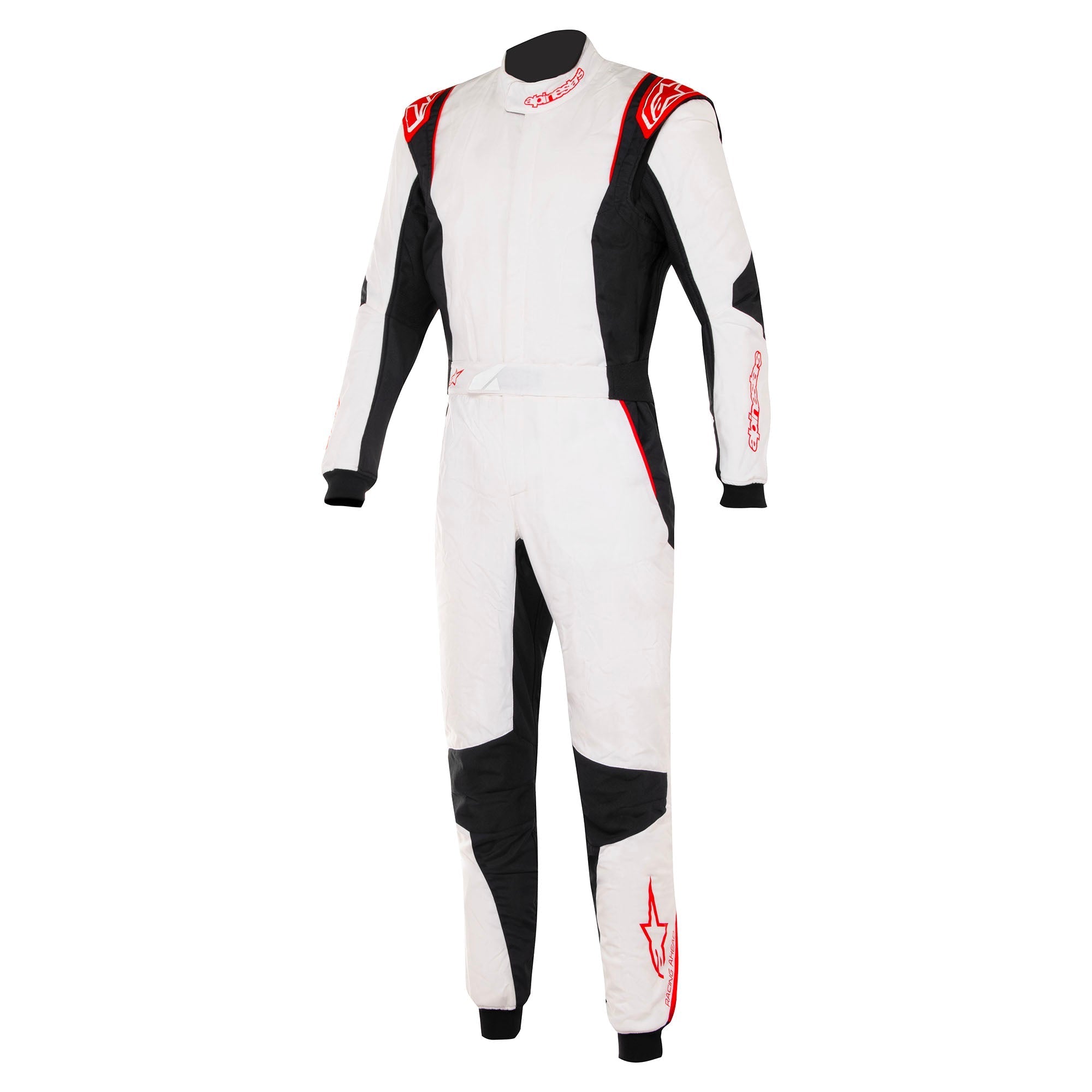 The front of the white, black and red Alpinestars GP Tech v4 Racing Suit.
