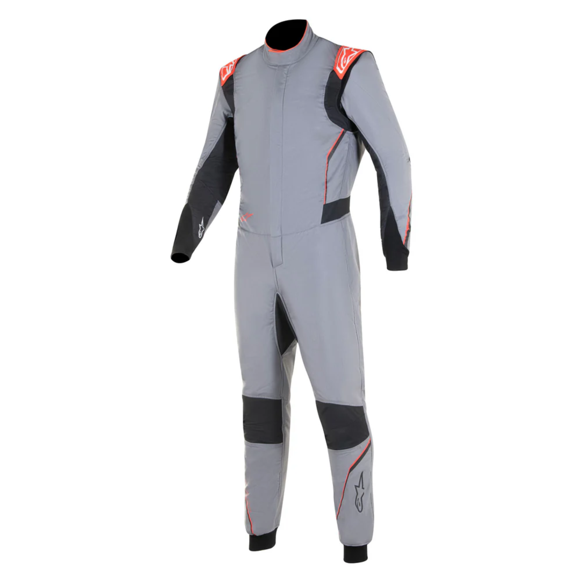 The front of the grey, black and red Alpinestars Hypertech v3 Racing Suit.
