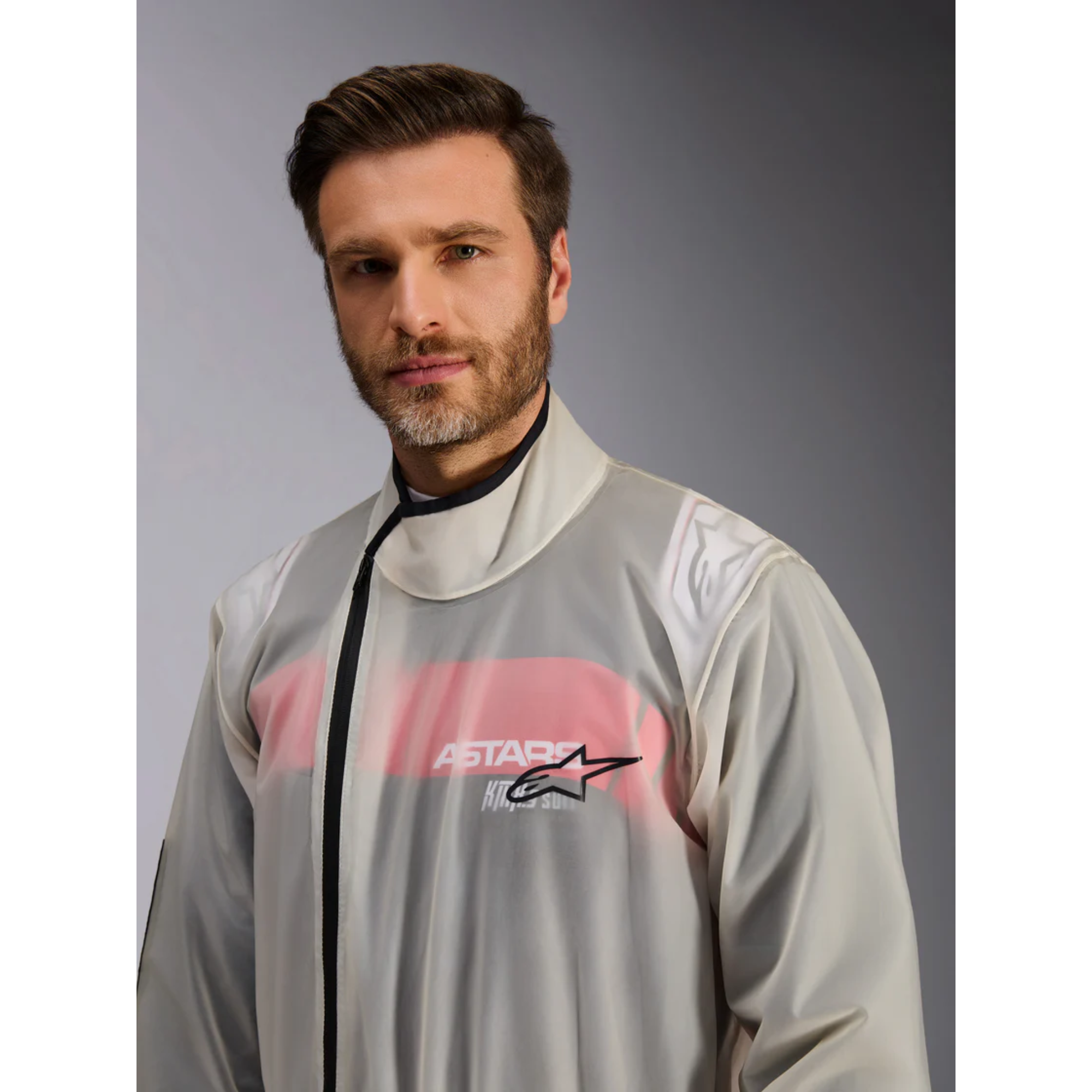 The Alpinestars Kart Rain Suit on a model close up.