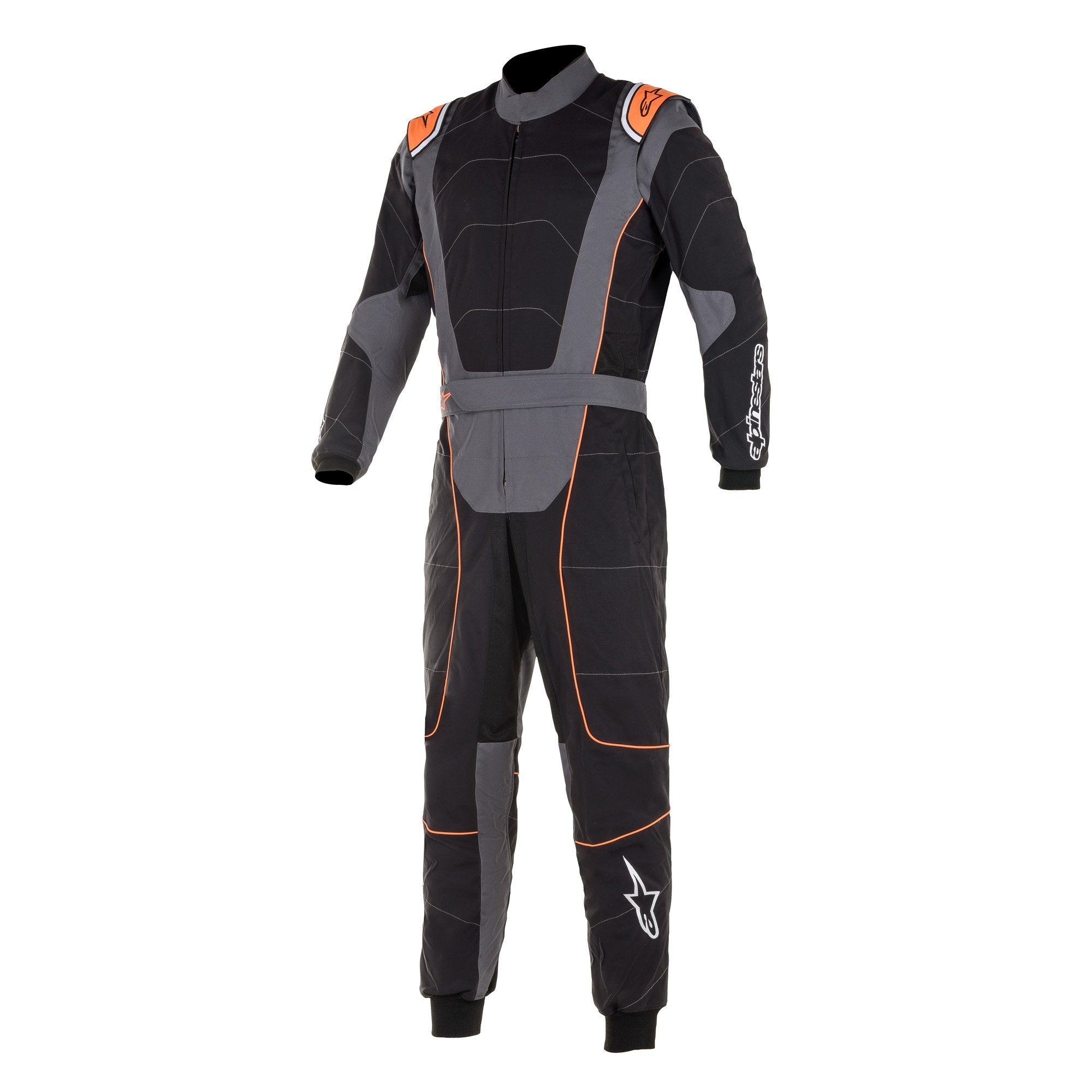 The black, anthracite and orange Alpinestars KMX-3 v2 Kart Racing Suit.