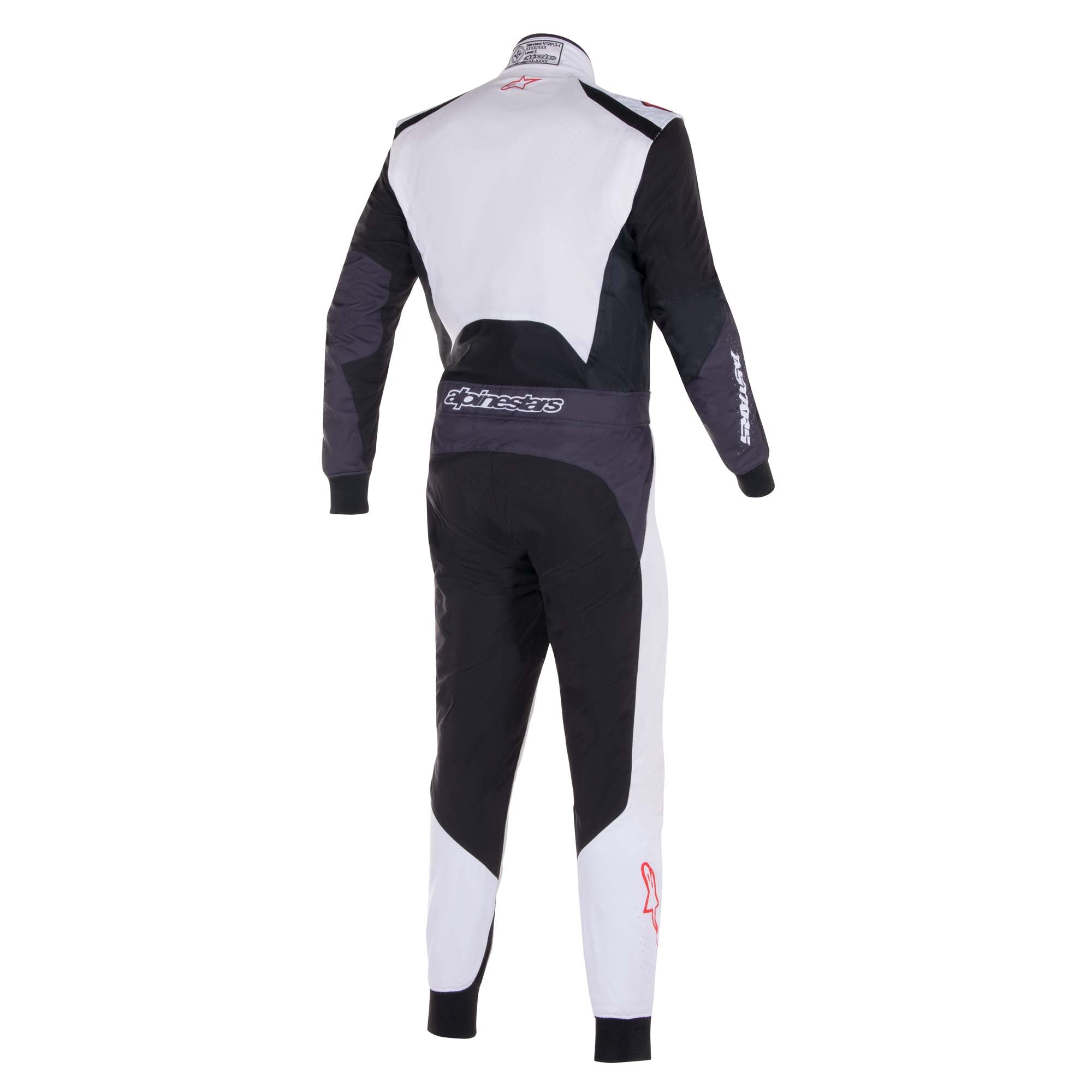 The back of the white, black and red Alpinestars KMX-5 v2 Kart Racing Suit.