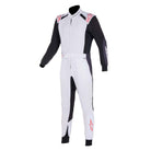The front of the white, black and red Alpinestars KMX-5 v2 Kart Racing Suit.
