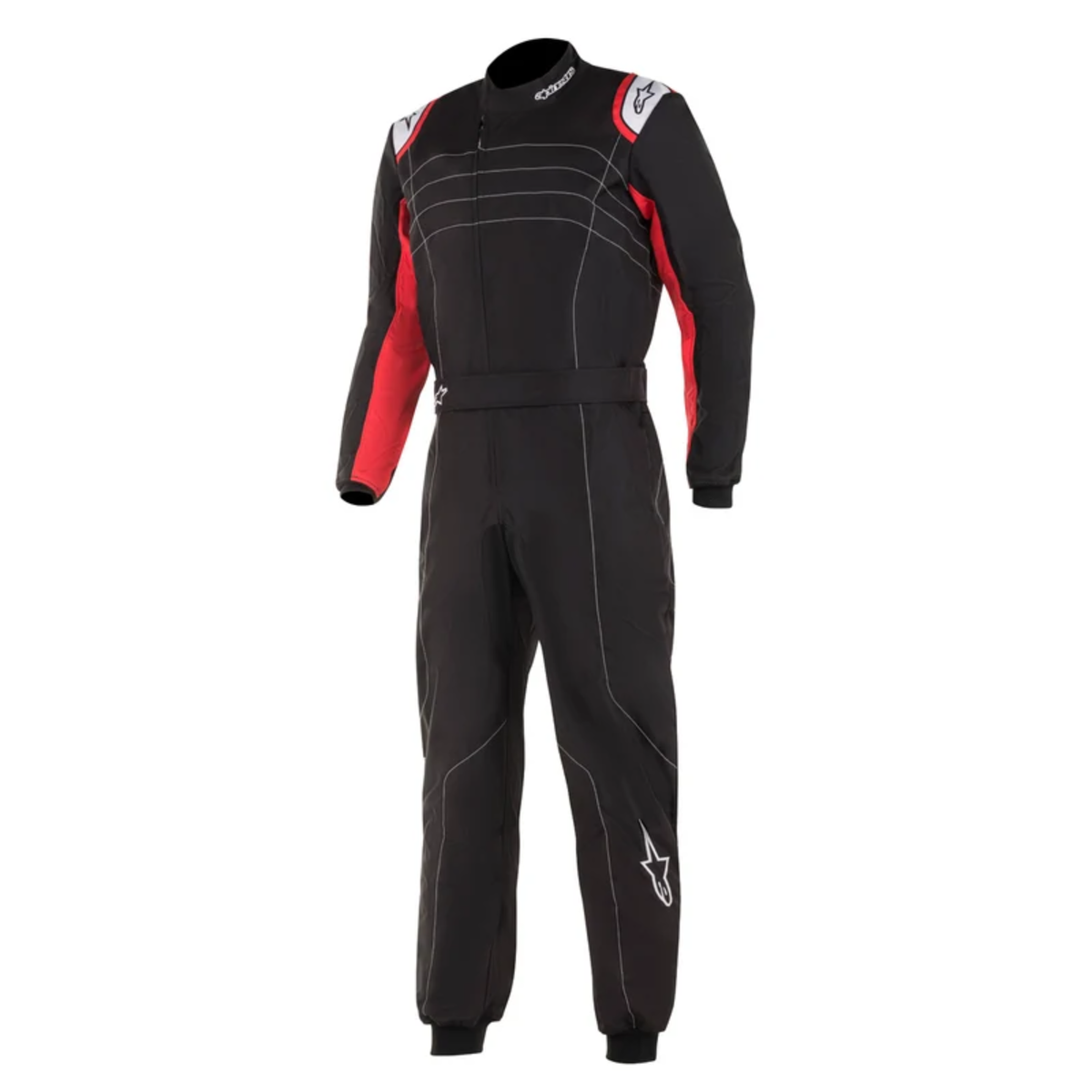 The black, red and white Alpinestars KMX-9 v2 Kart Racing Suit.