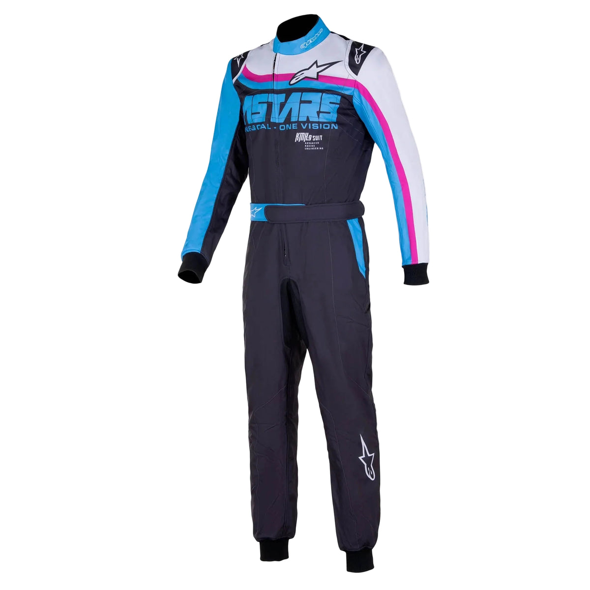 The front of the black, cyan and fuchsia Alpinestars KMX-9 v3 Graph-2 Kart Racing Suit.