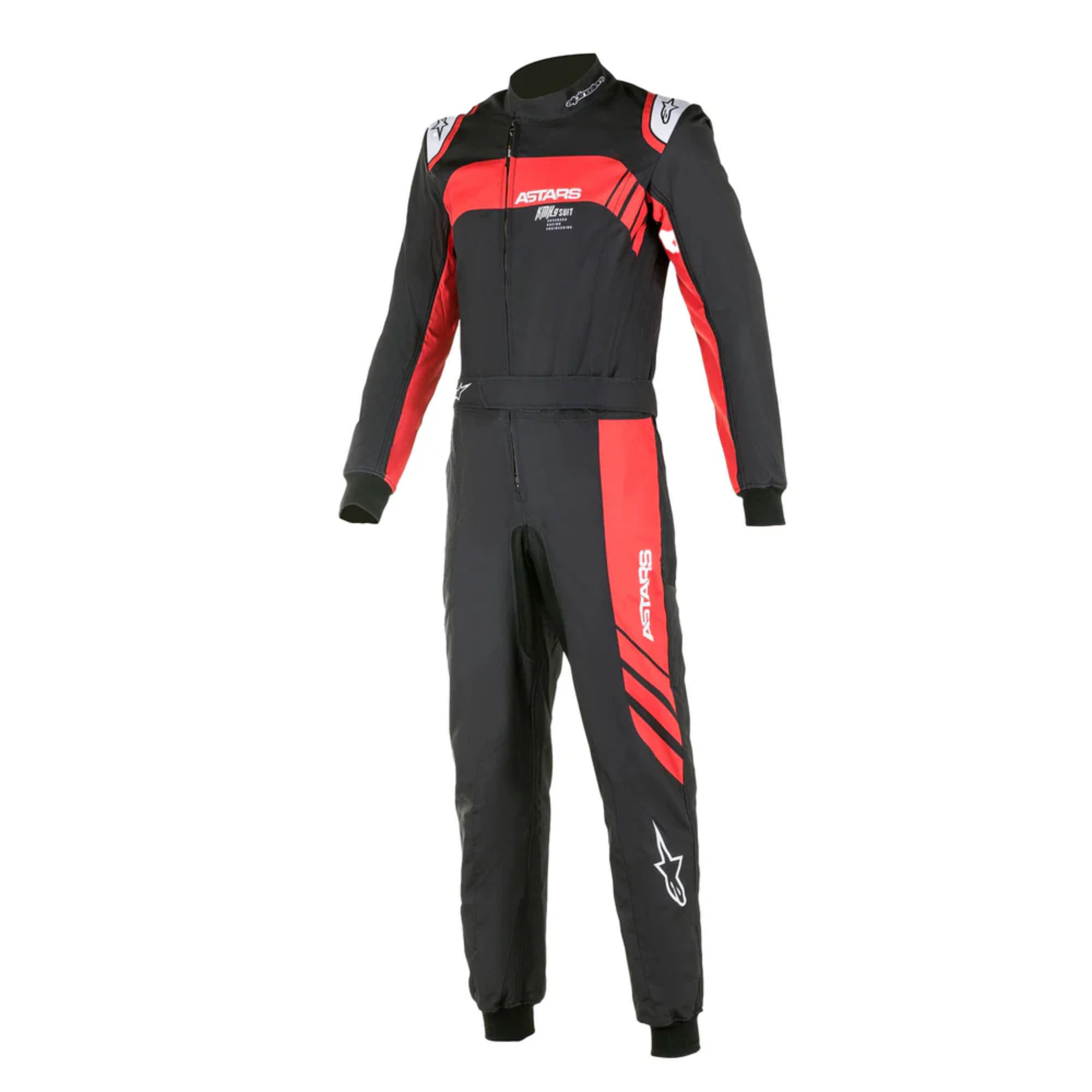 The front of the black and red Alpinestars KMX-9 v3 Graph-3 Kart Racing Suit.
