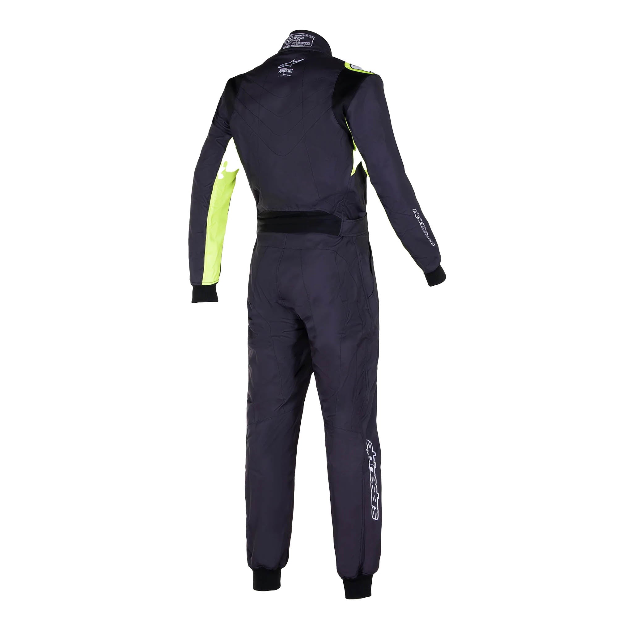 The back of the black and yellow Alpinestars KMX-9 v3 S Graph-3 Youth Kart Racing Suit.