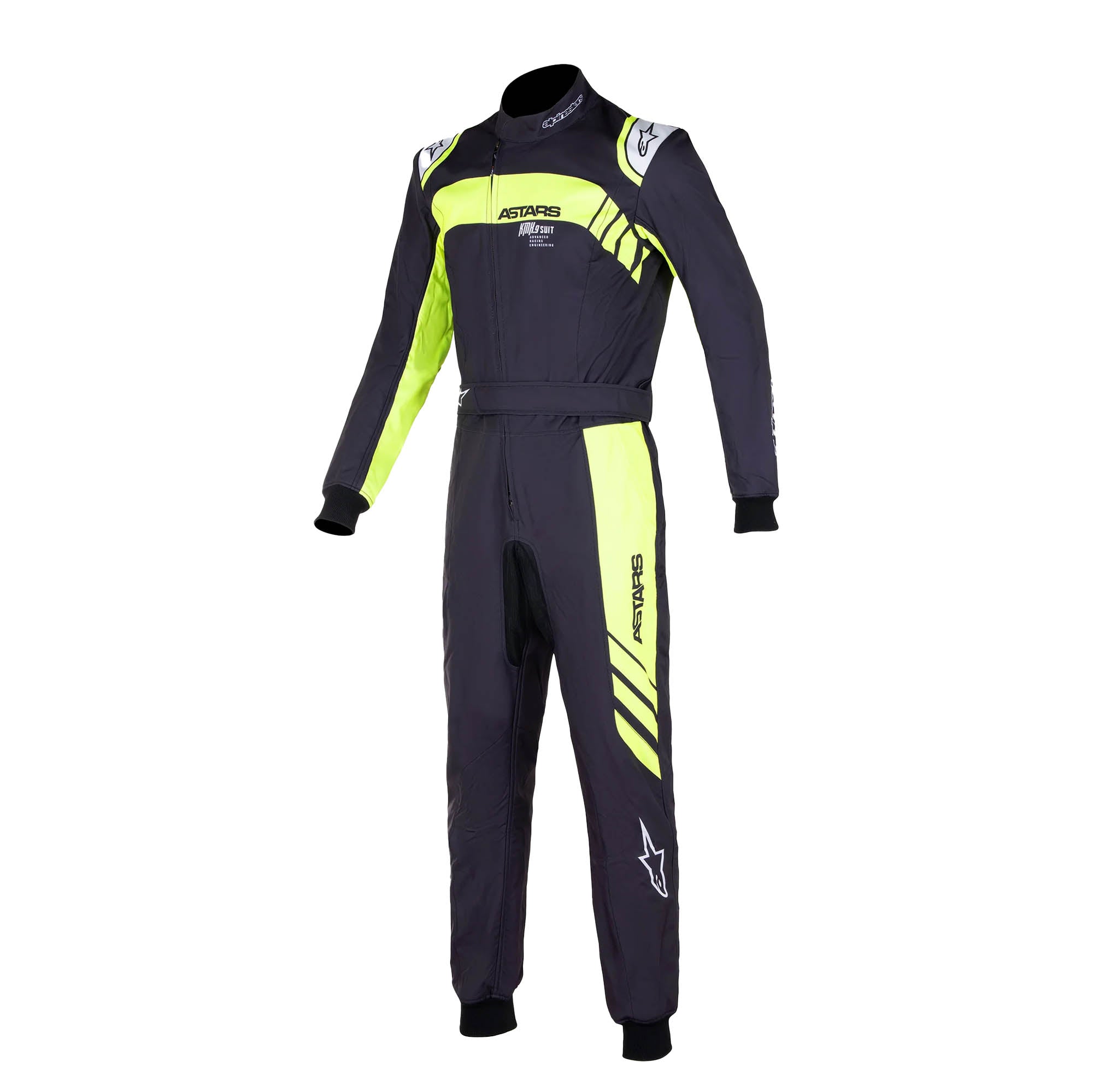 The front of the black and yellow Alpinestars KMX-9 v3 S Graph-3 Youth Kart Racing Suit.