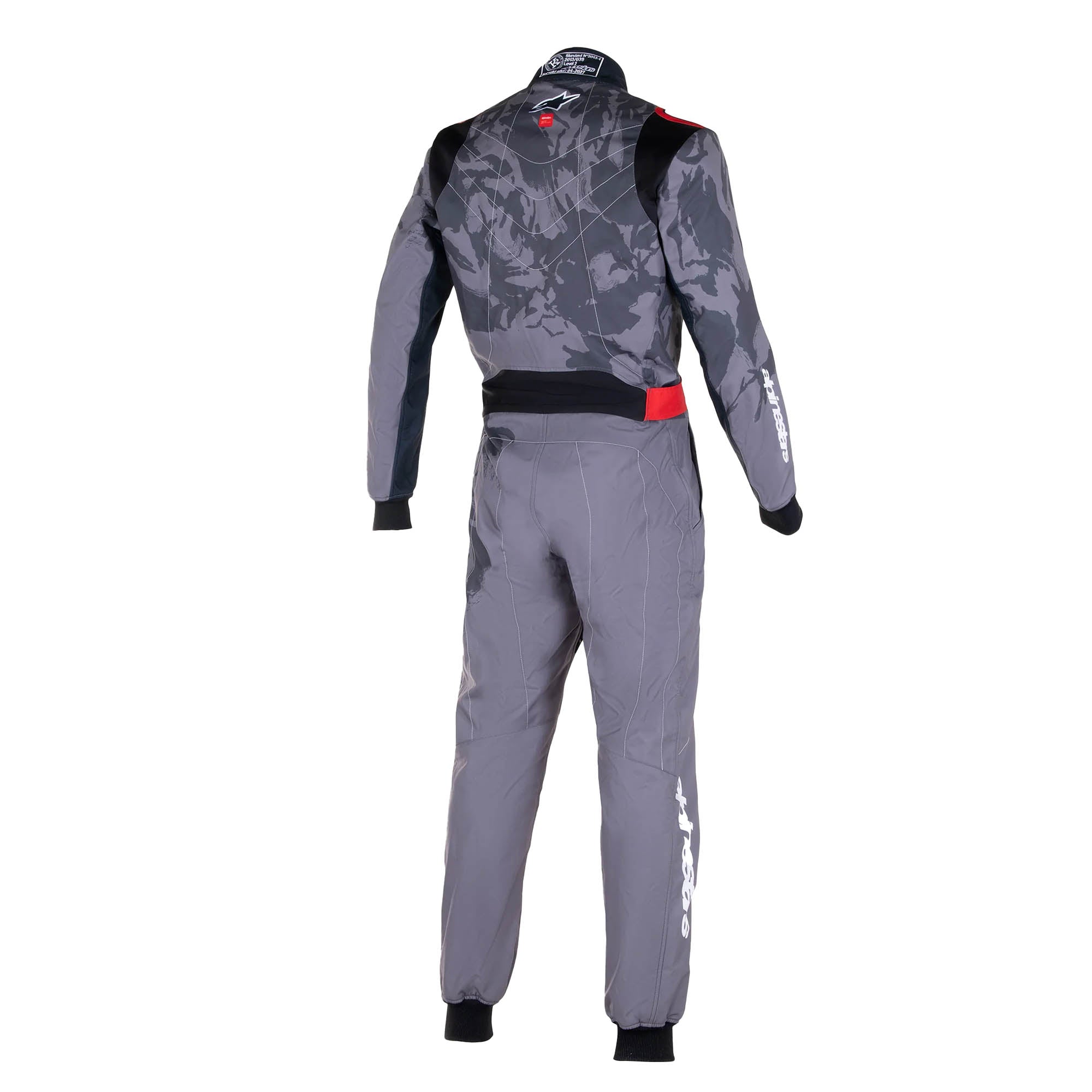 The back of the grey and black Alpinestars KMX-9 v3 Graph-5 Kart Racing Suit.