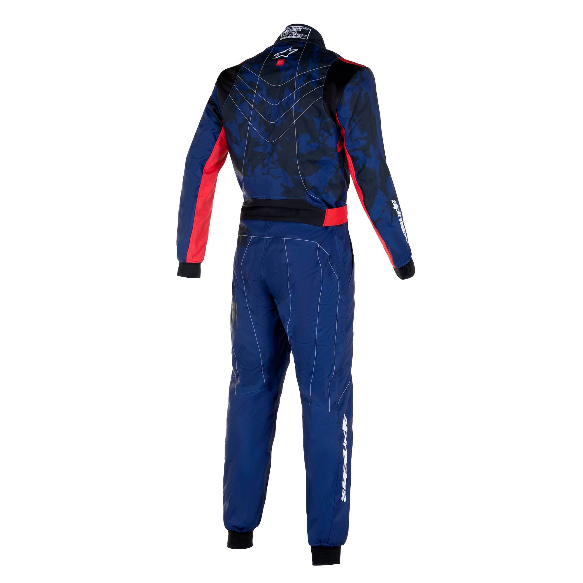 The back of the navy and red Alpinestars KMX-9 v3 Graph-5 Kart Racing Suit.