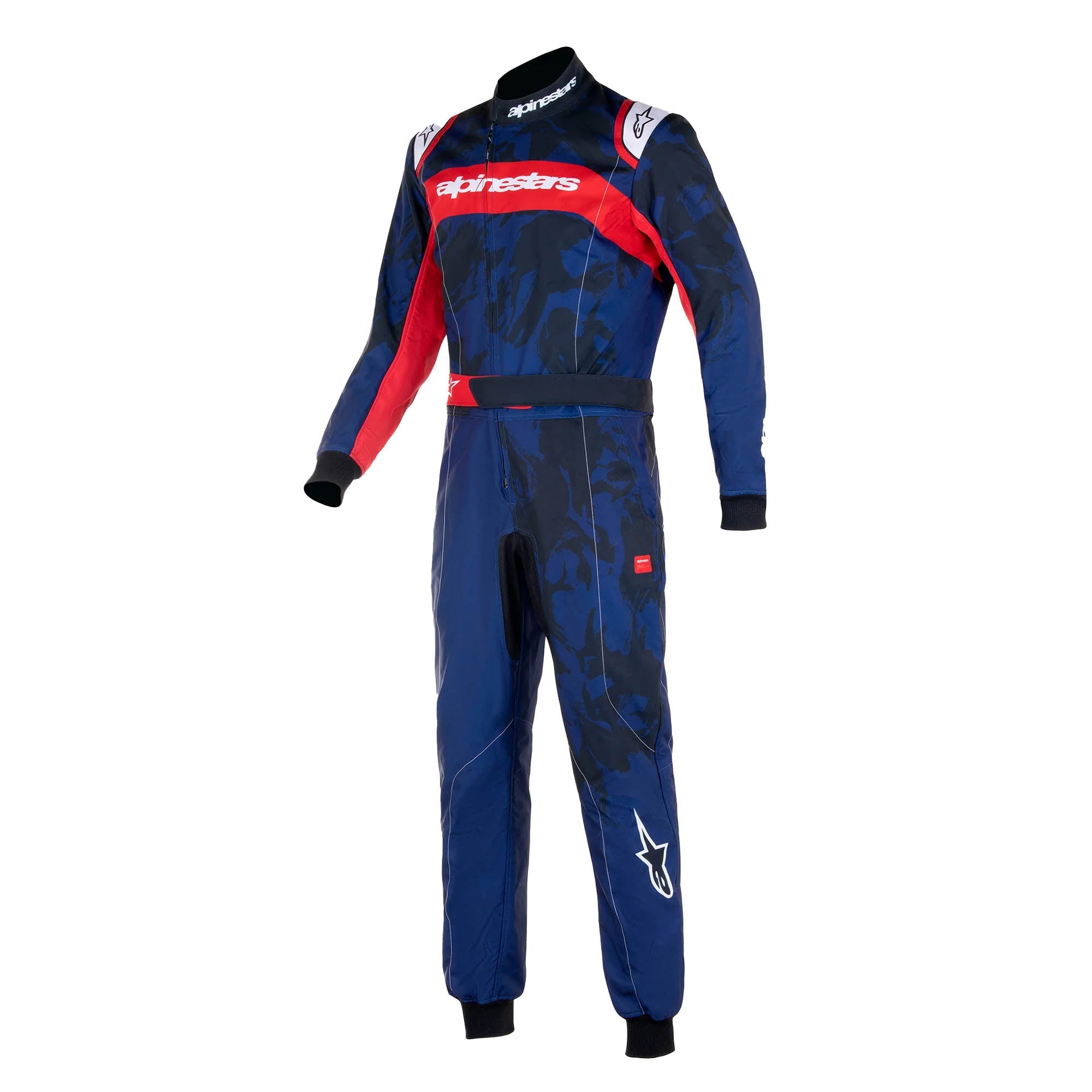 The front of the navy and red Alpinestars KMX-9 v3 Graph-5 Kart Racing Suit.