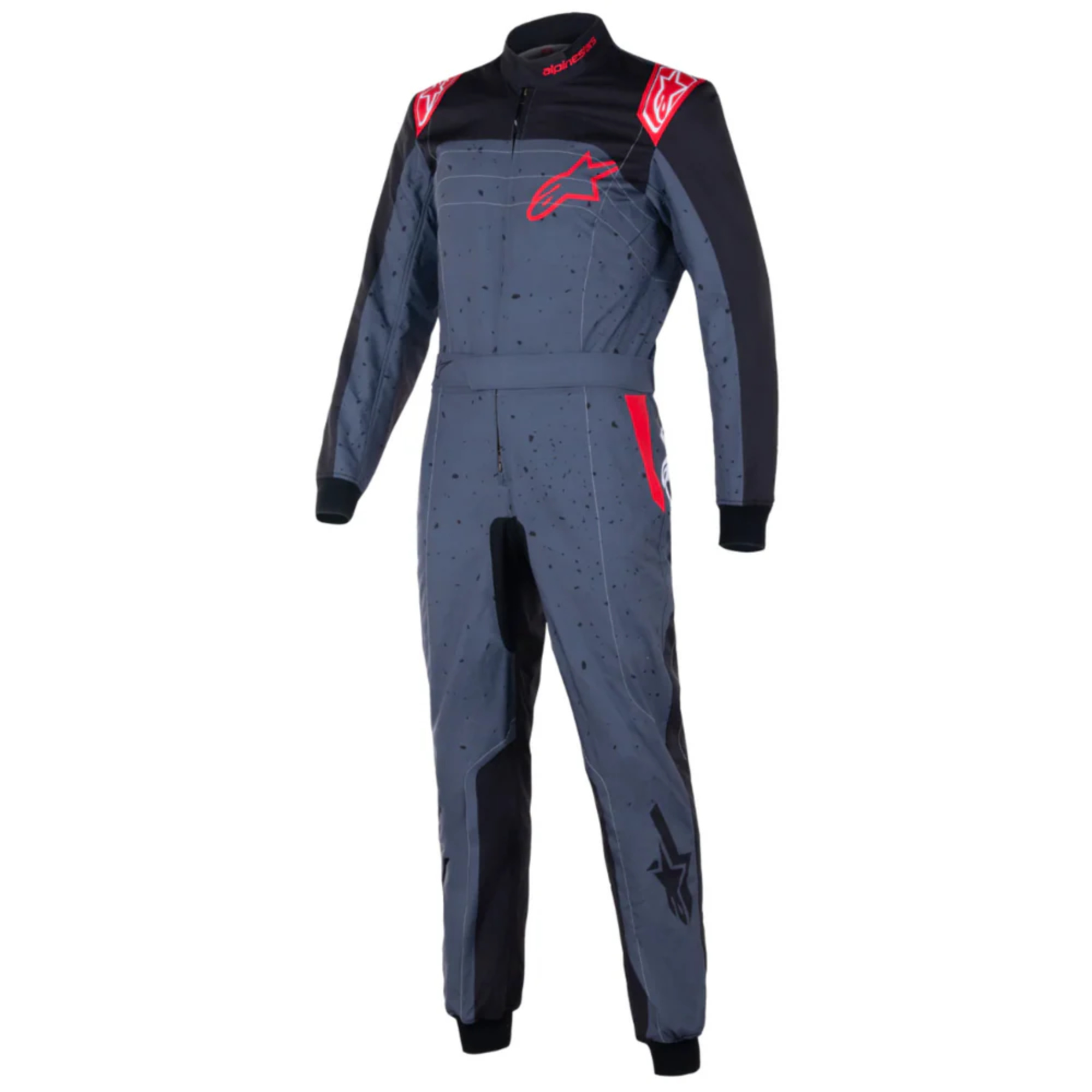 The front of the anthracite, black and red Alpinestars KMX-9 v3 Graph-6 Kart Racing Suit.