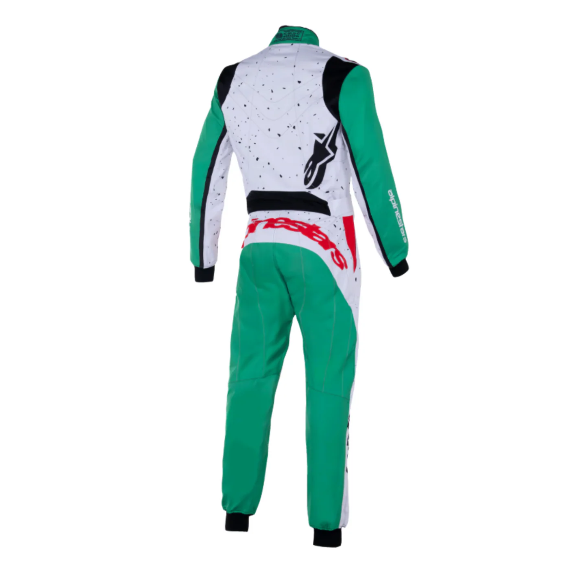The back of the white, green and red Alpinestars KMX-9 v3 Graph-6 Kart Racing Suit.